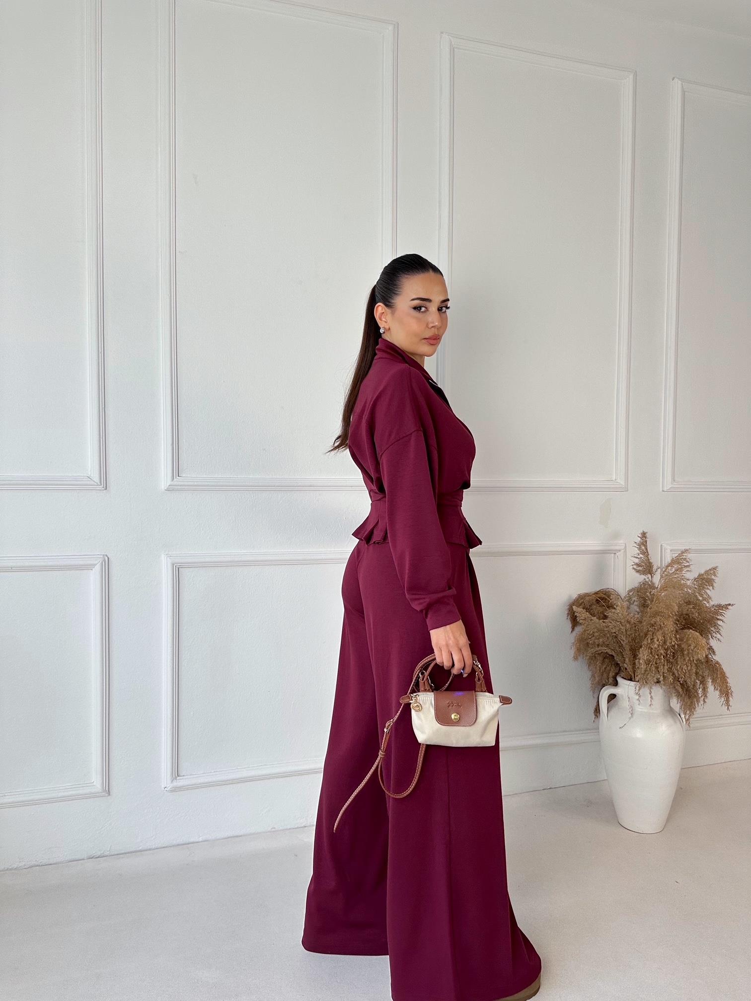 Premium Oysho Kumaş Kemerli İkili Takım – Bordo · 2