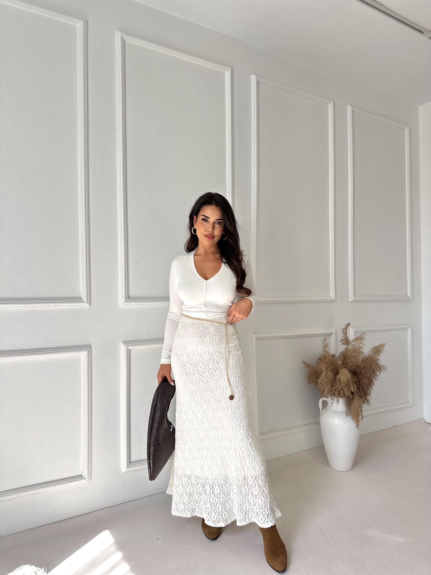 Serena Dantel Midi Etek- Ekru