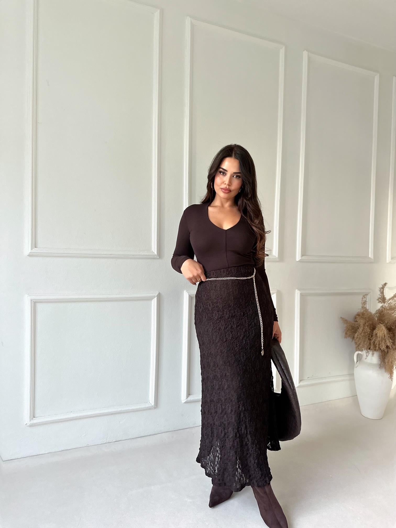 Serena Dantel Midi Etek- Kahve