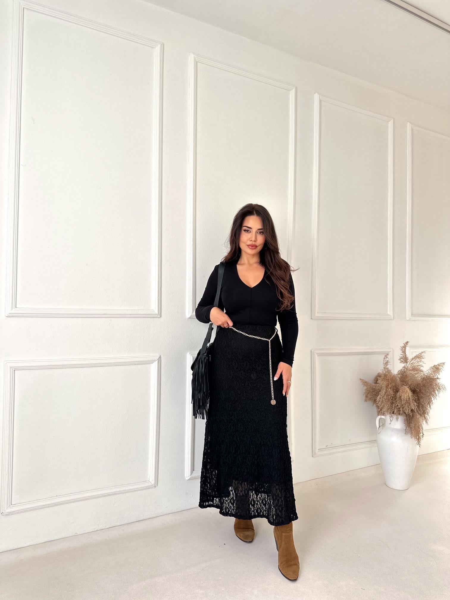 Serena Dantel Midi Etek- Siyah