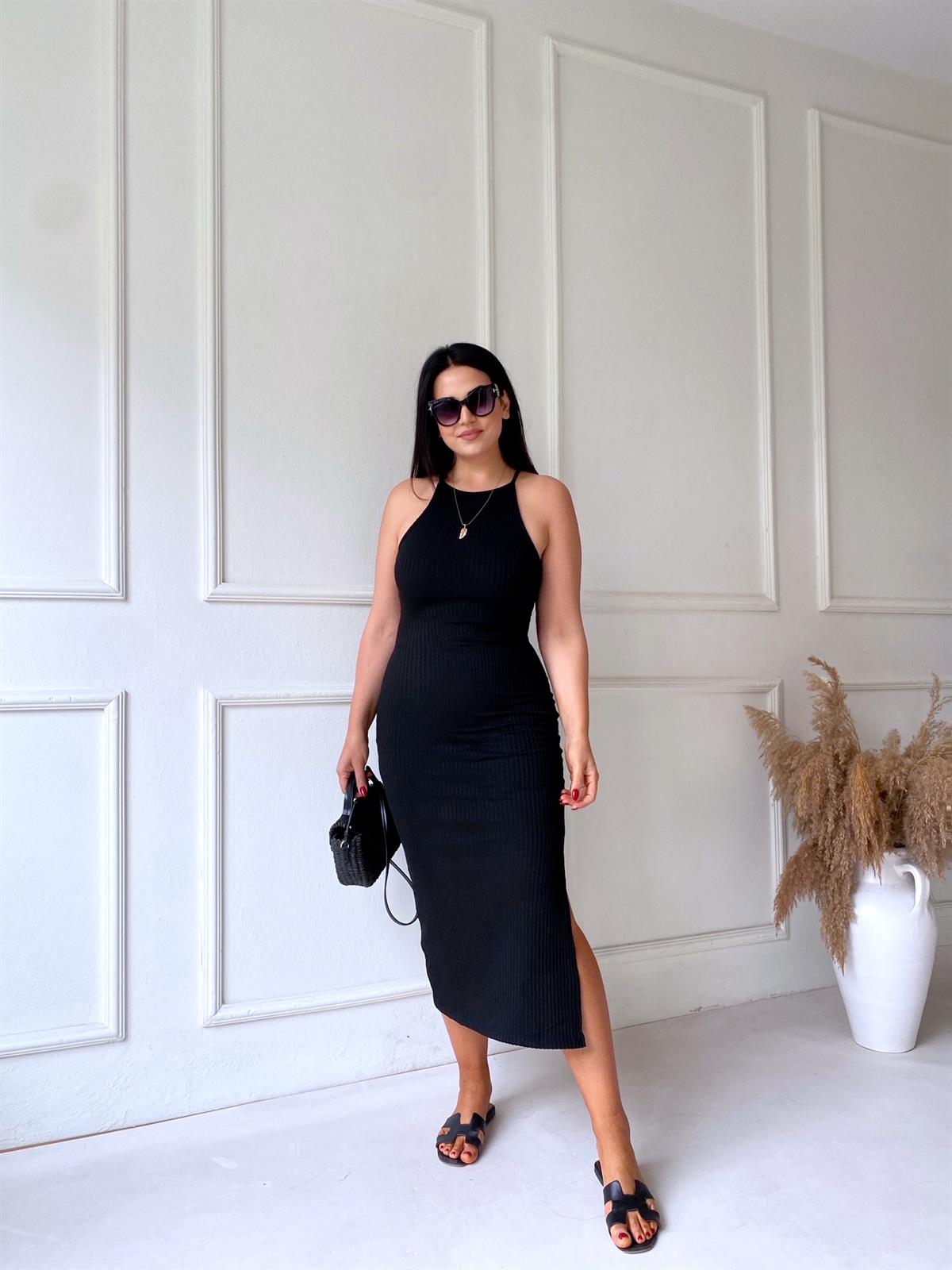 Siyah Halter Yaka Midi Elbise