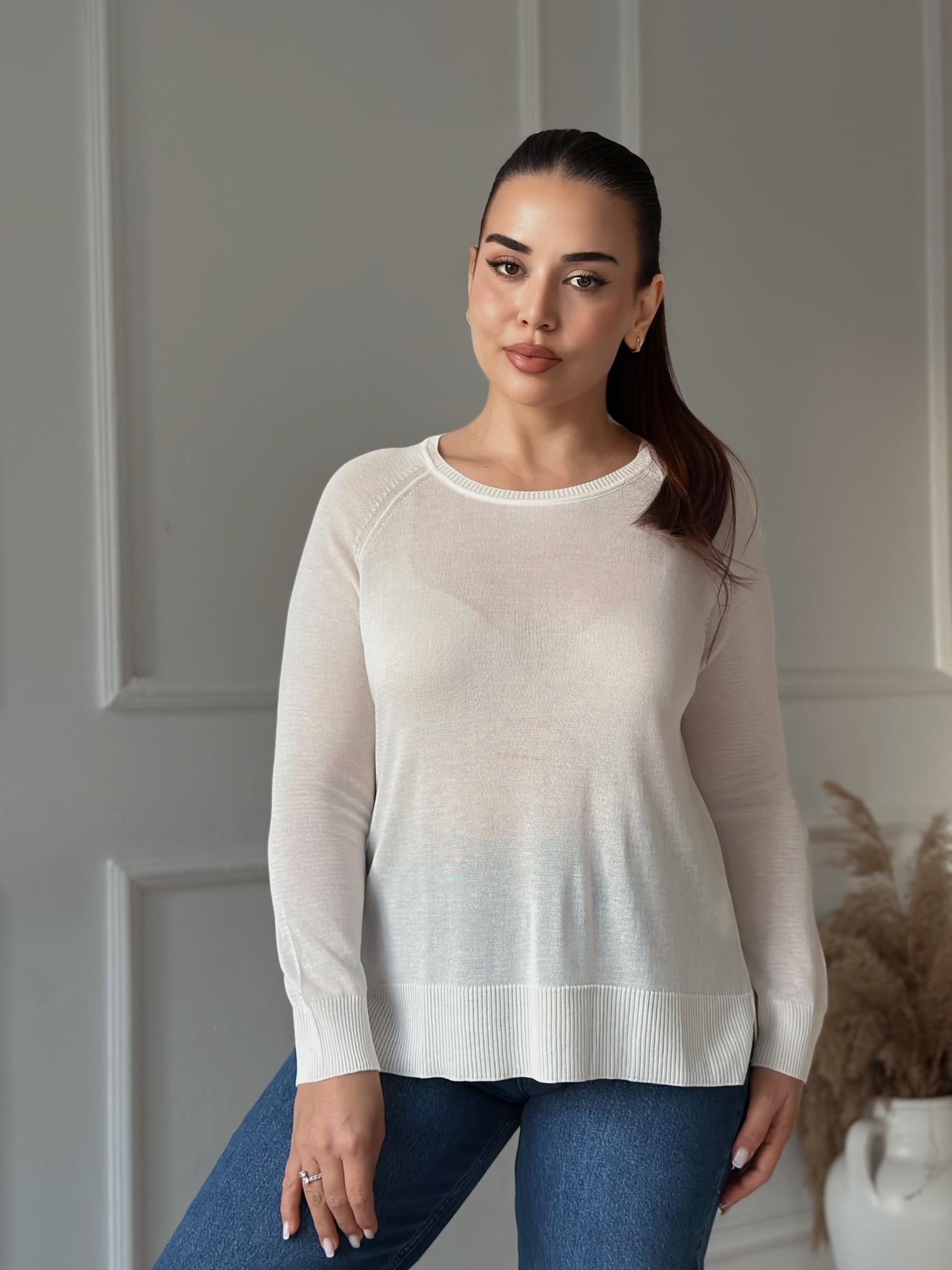 Soft Touch Basic İnce Reglan Triko Bluz - Ekru