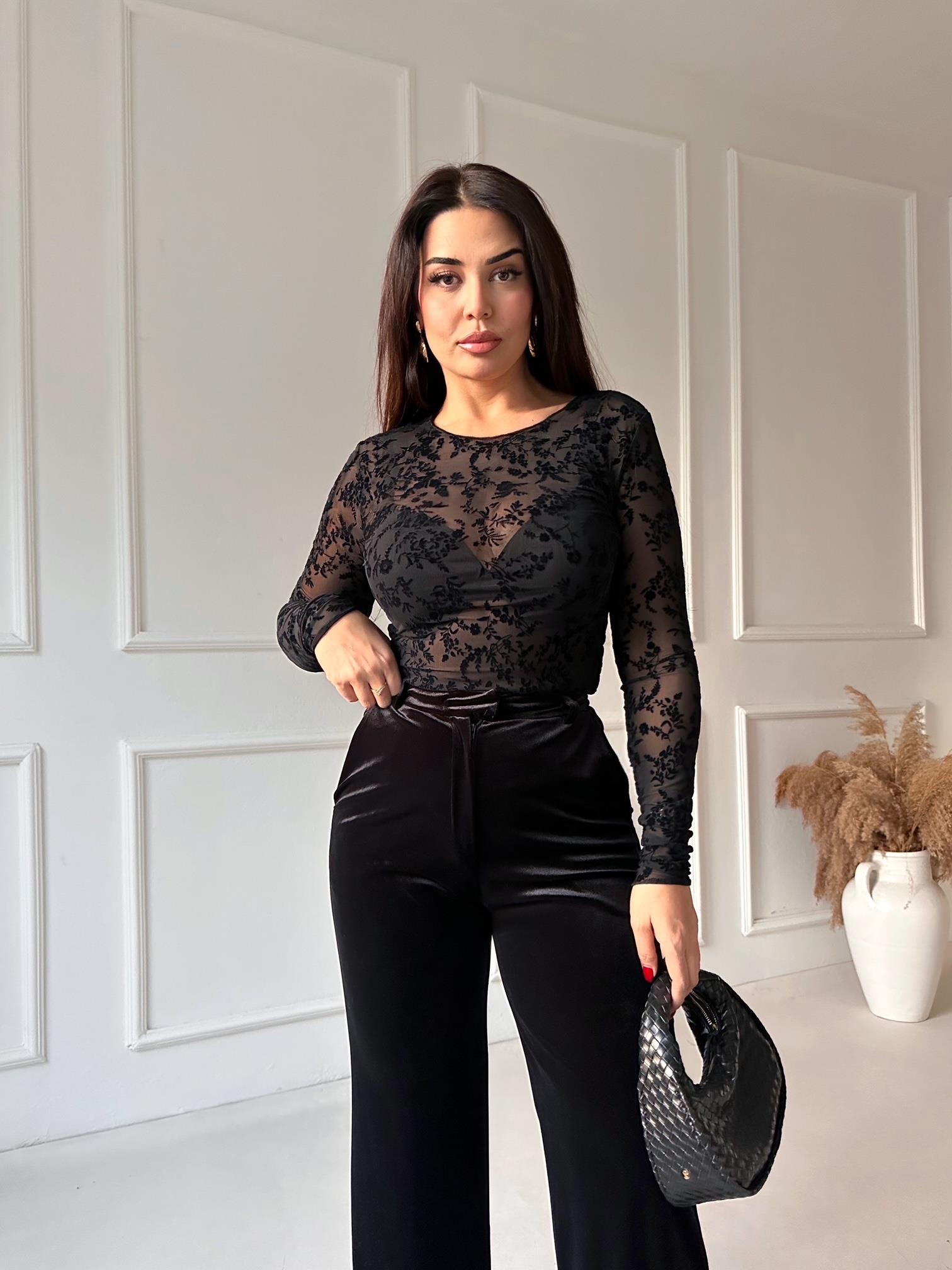 Transparan Flok Baskılı Dantel Uzun Kollu Body - Siyah · 4