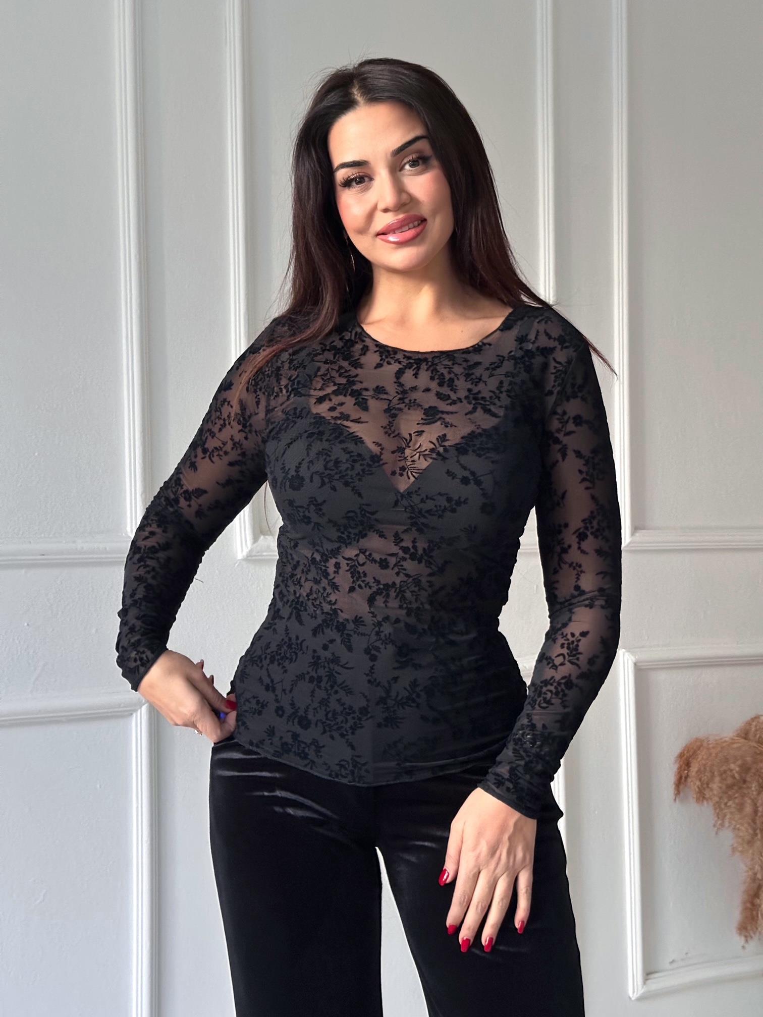 Transparan Flok Baskılı Dantel Uzun Kollu Body - Siyah · 2