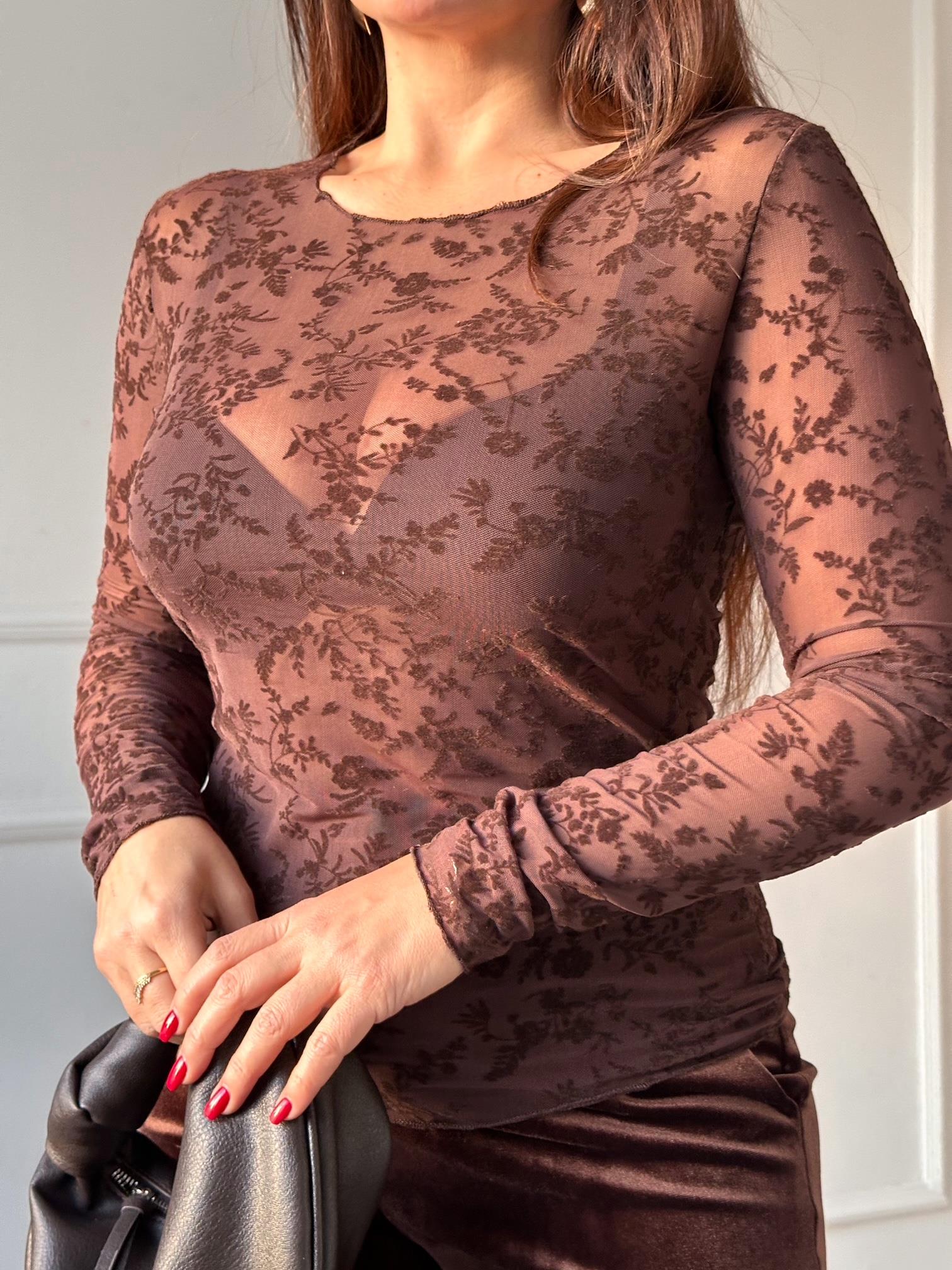 Transparan Flok Baskılı Dantel Uzun Kollu Body -Kahve · 7