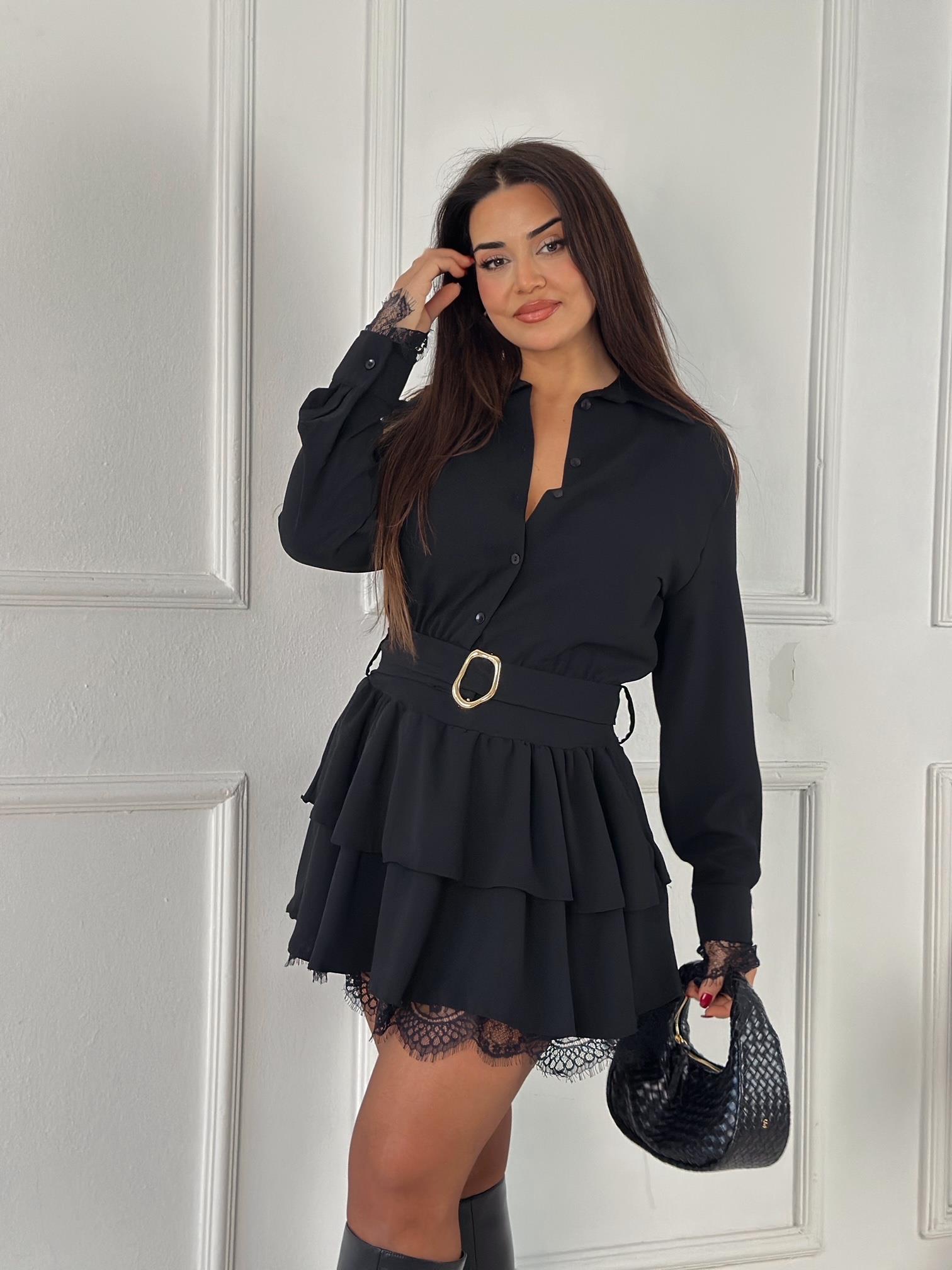 Velora Dantel Detaylı Katlı Mini Elbise- Siyah · 4
