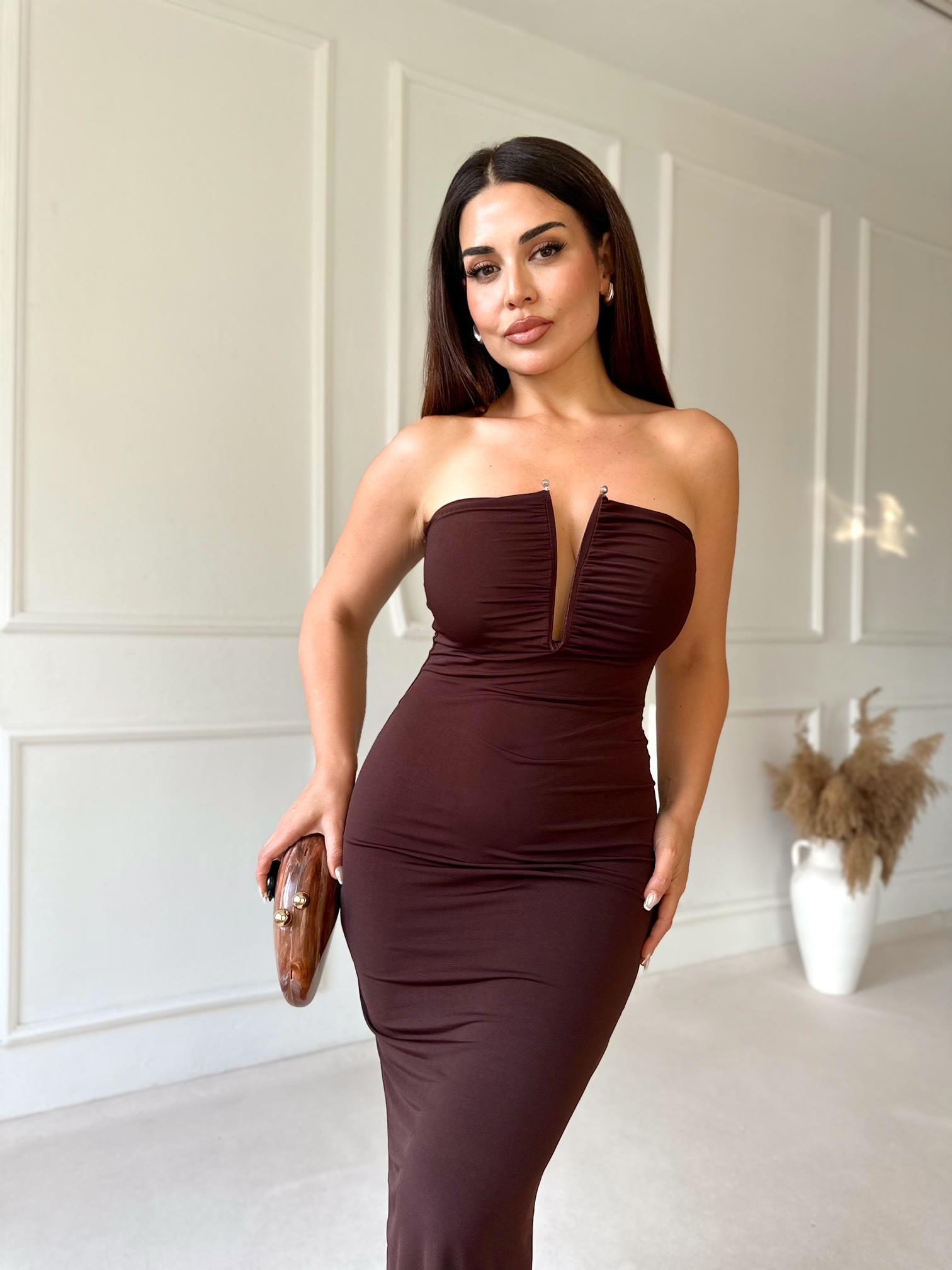 Yaka Aksesuarlı ZR Model Straplez Elbise - Kahve · 9