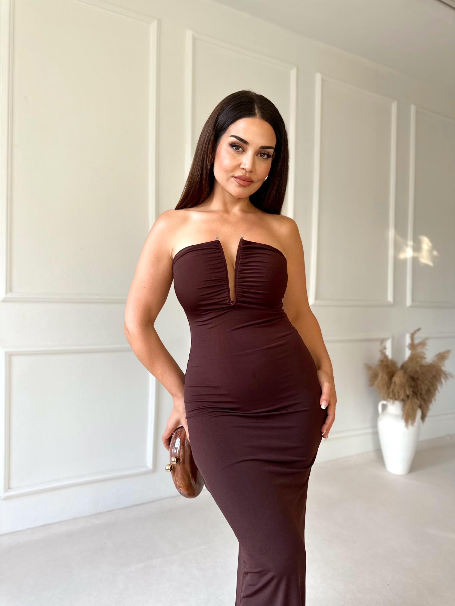 Yaka Aksesuarlı ZR Model Straplez Elbise - Kahve · 10