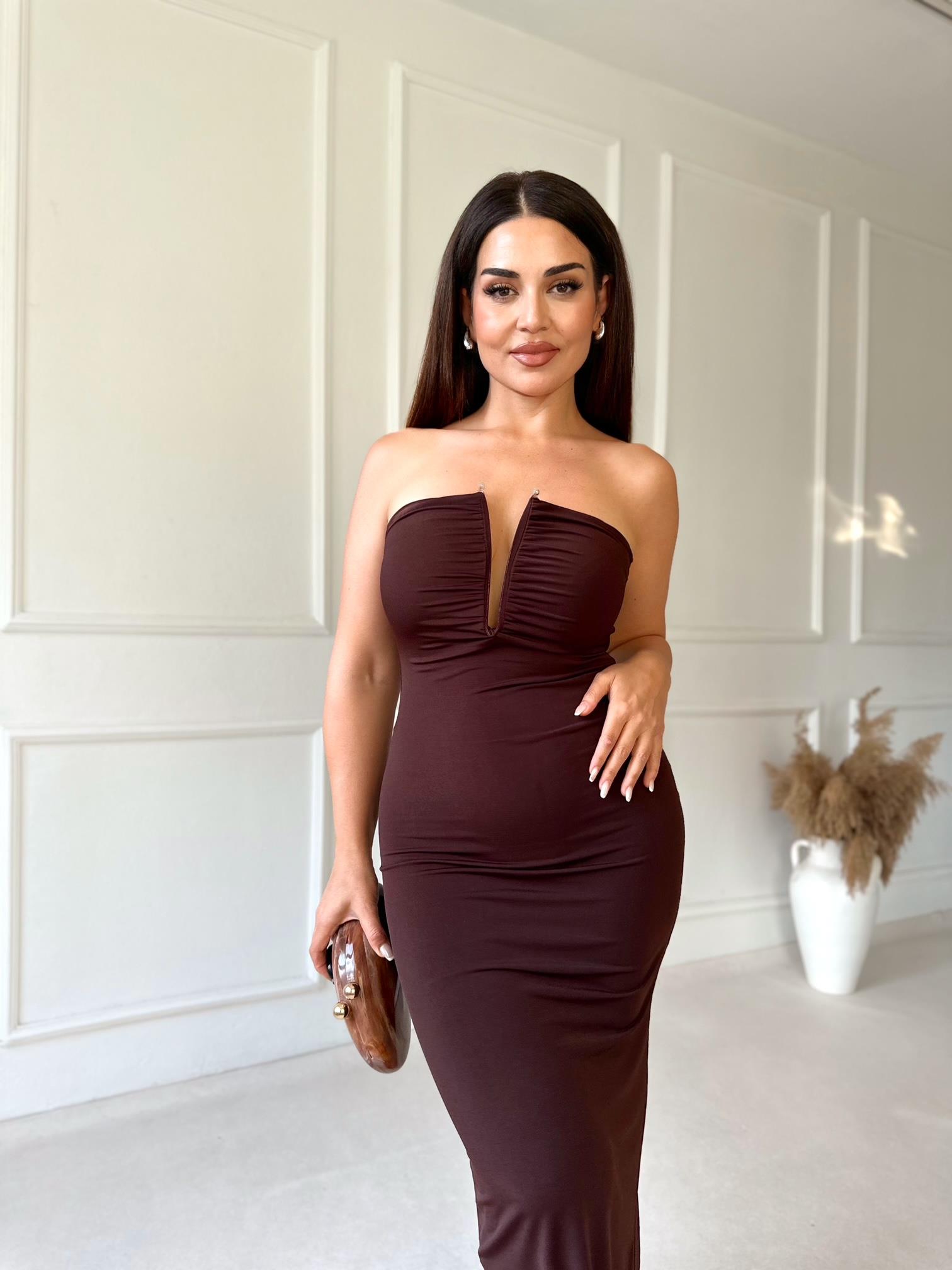 Yaka Aksesuarlı ZR Model Straplez Elbise - Kahve · 8