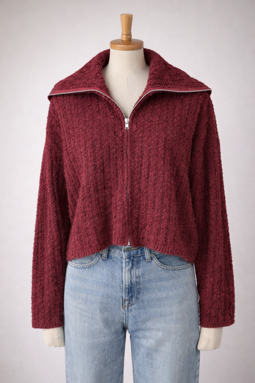 Yumuşak Dokulu Fermuarlı Triko Hırka Bordo