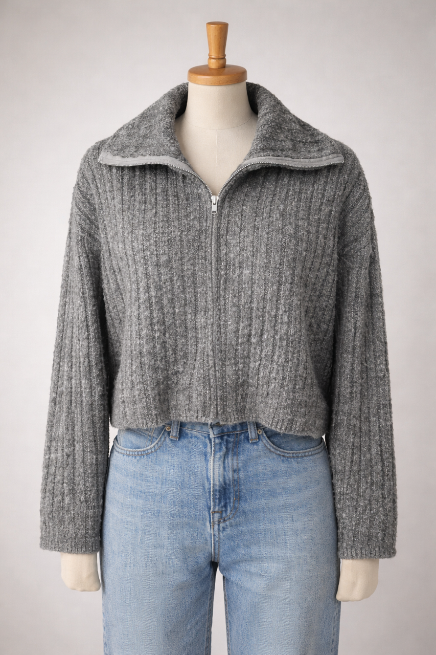 Yumuşak Dokulu Fermuarlı Triko Hırka Gri