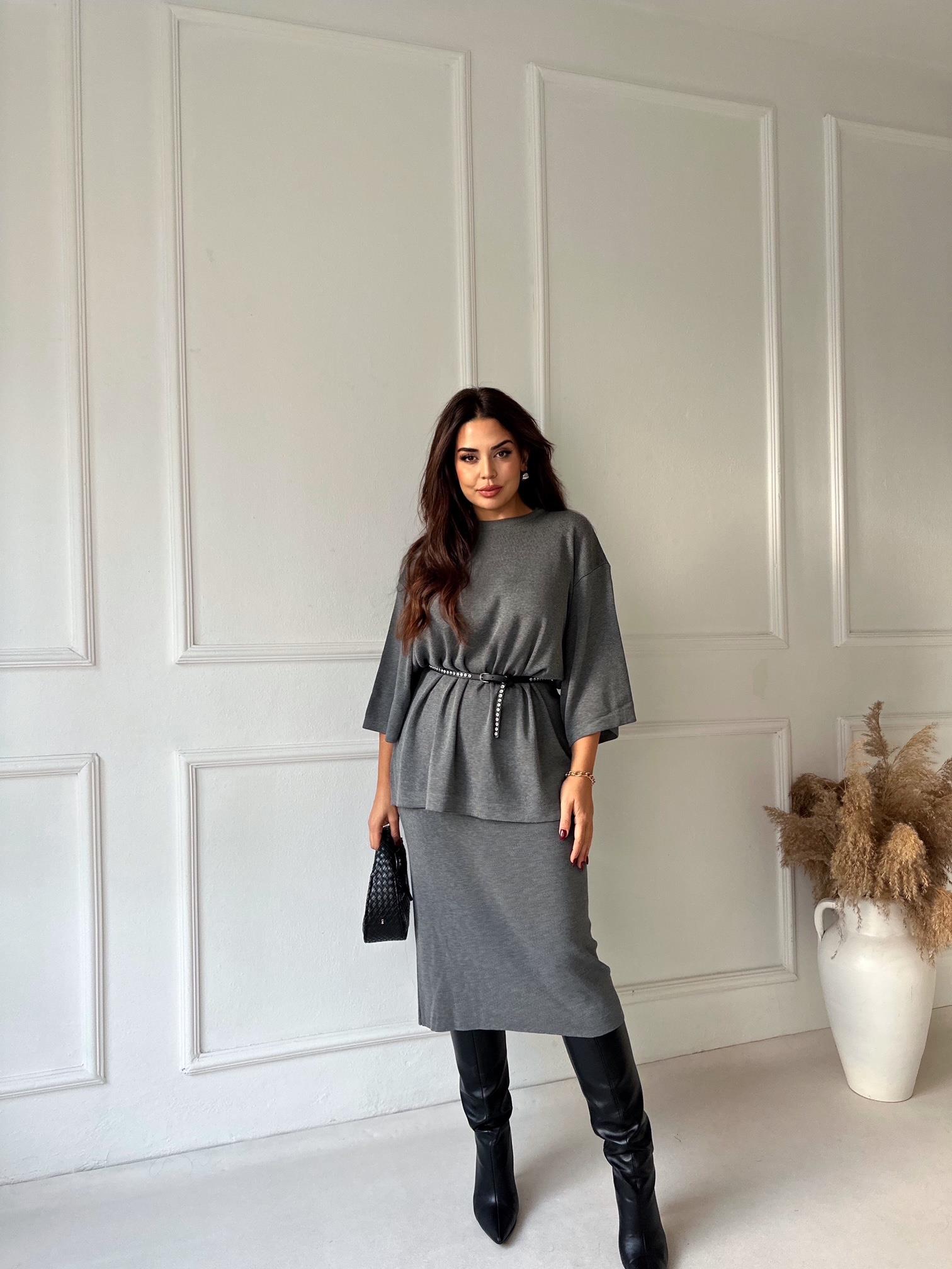 ZA Model Antrasit Oversize Triko Etek Bluz Takım