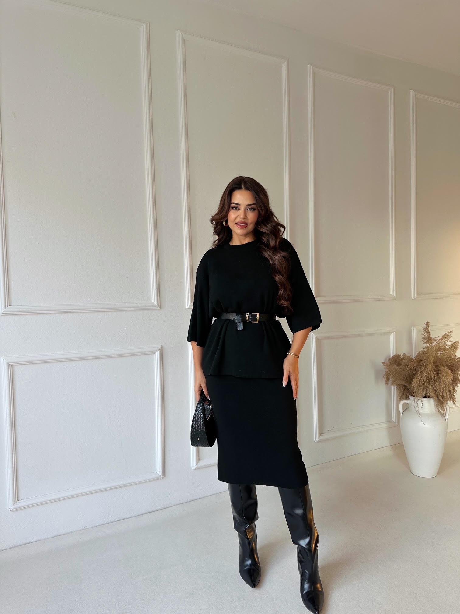 ZA Model Siyah Oversize Triko Etek Bluz Takım