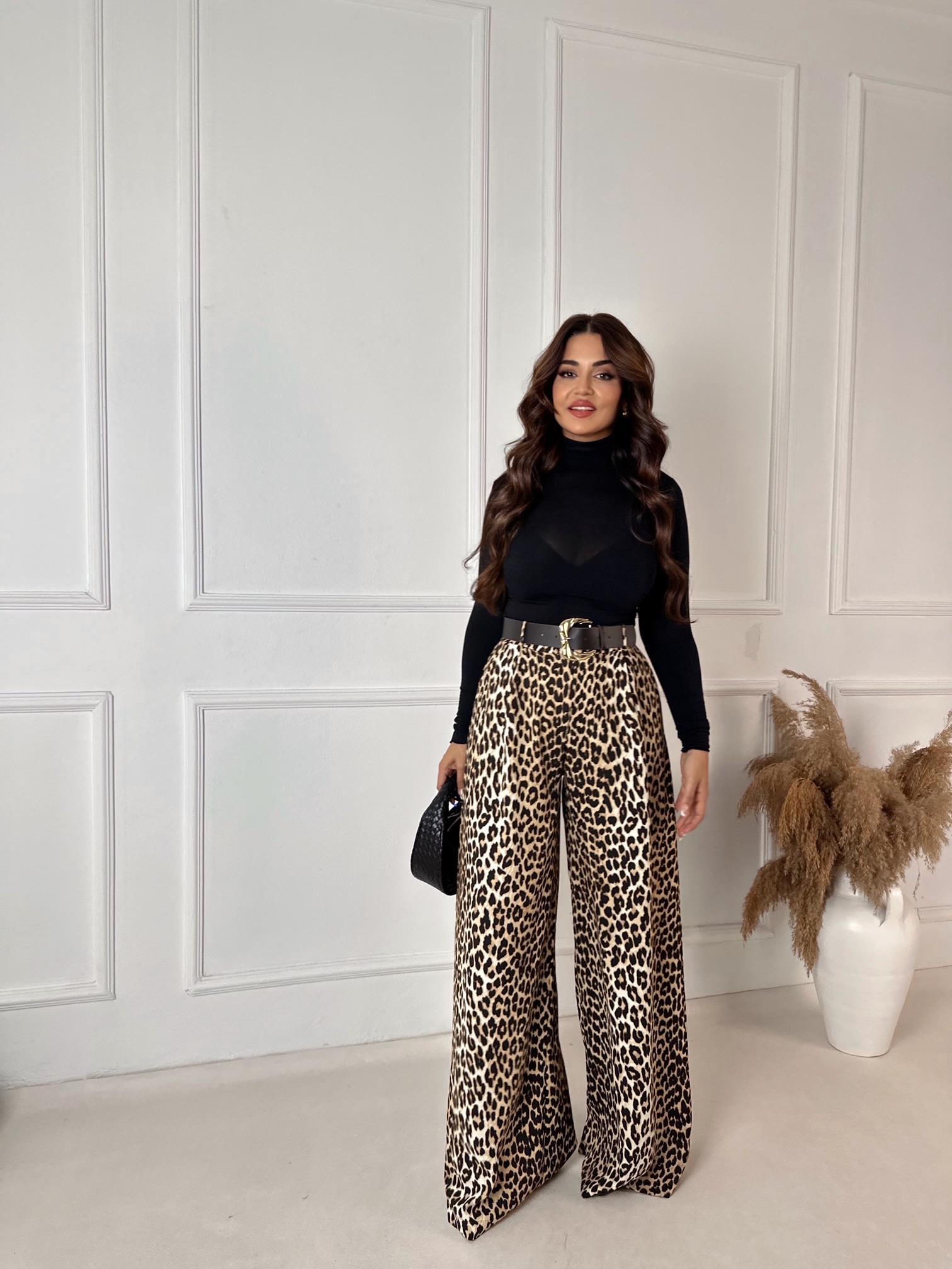 Zara Model Yüksek Bel Kemerli Geniş Paça Tensel Pantolon – Leopar