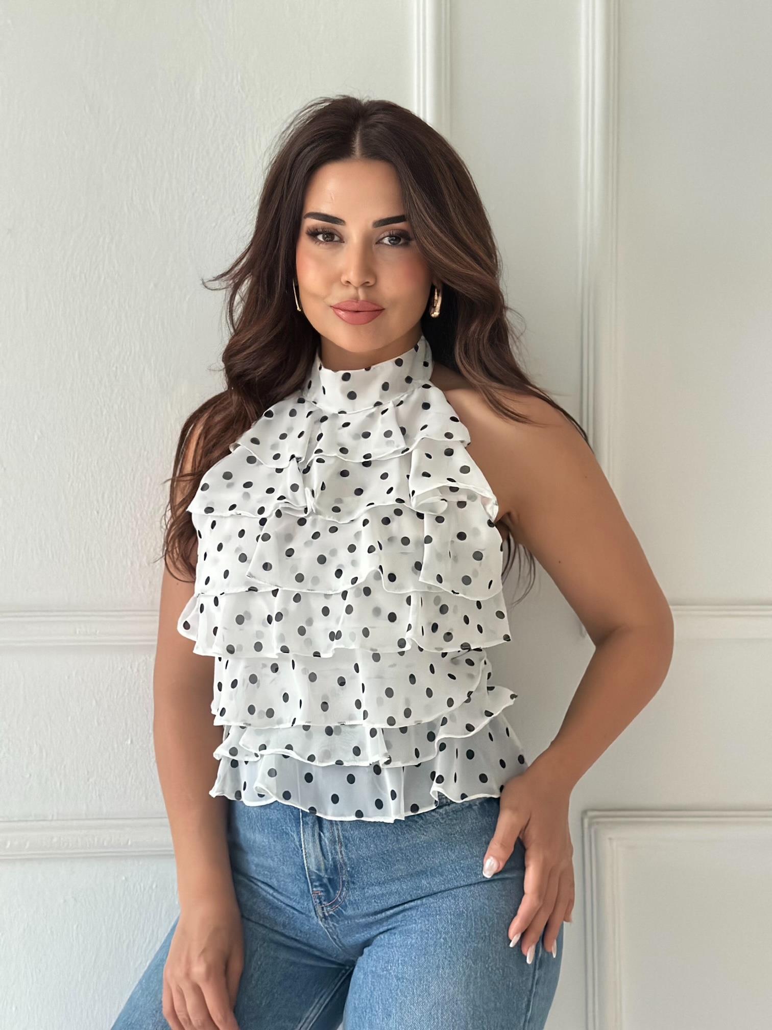 ZR Model Georgette Puantiyeli Şifon Bluz - Beyaz/Siyah