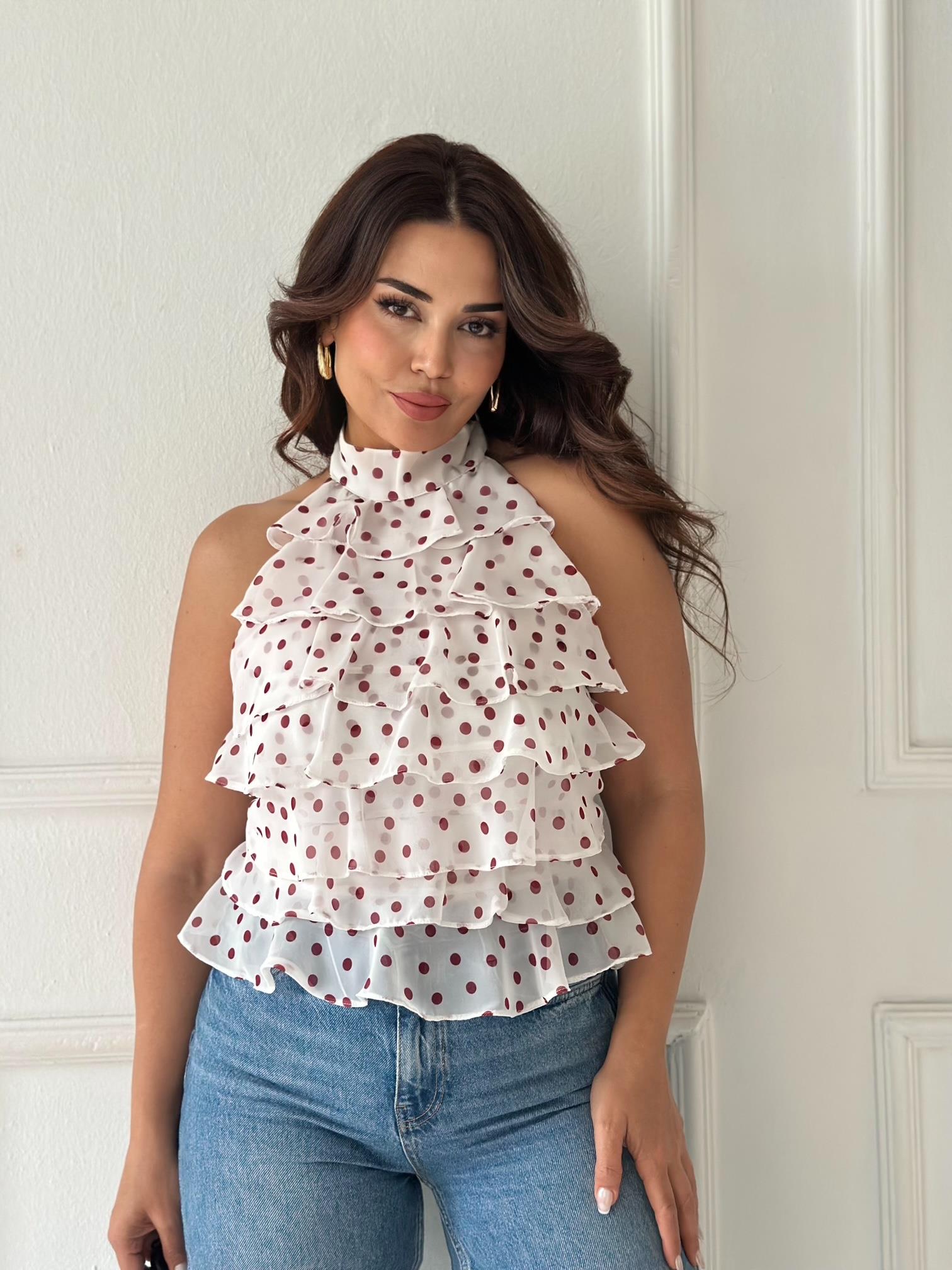 ZR Model Georgette Puantiyeli Şifon Bluz - Ekru/Kırmızı