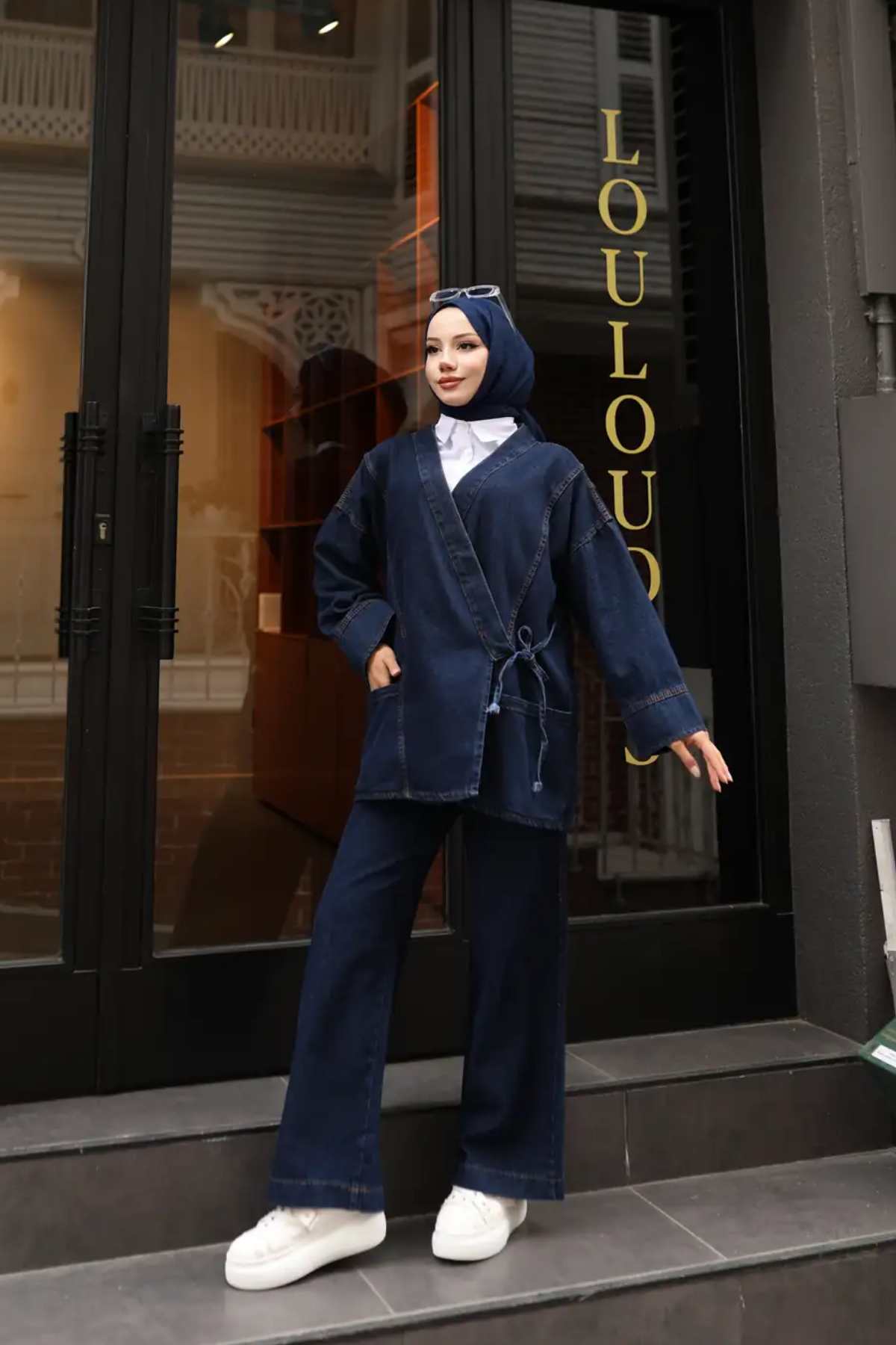 Bağlamalı Denim İkili Takım | Rahat Kesim Kot Kombin | Tesettür Uyumlu