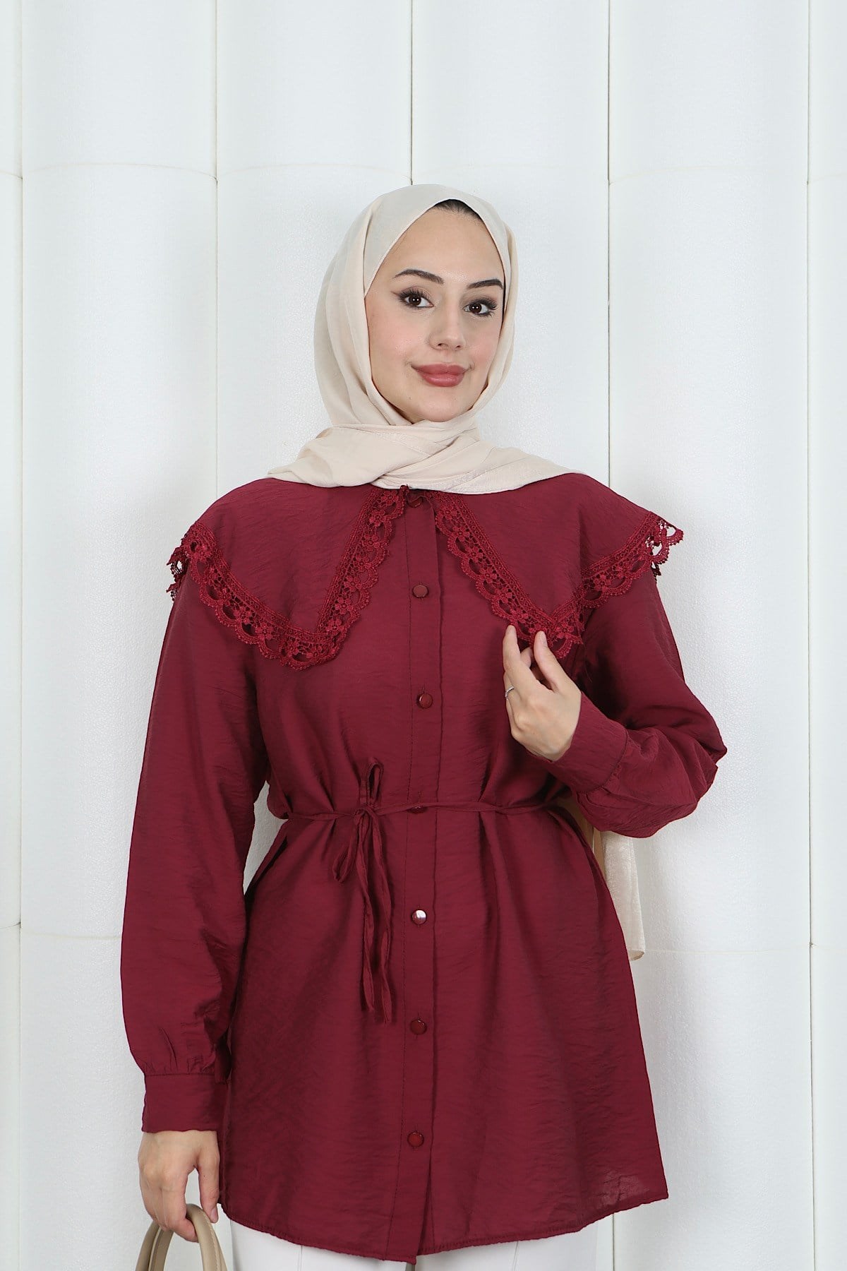 Bebe Yaka Dantel Detaylı Bağcıklı Tunik HNT2133 Bordo