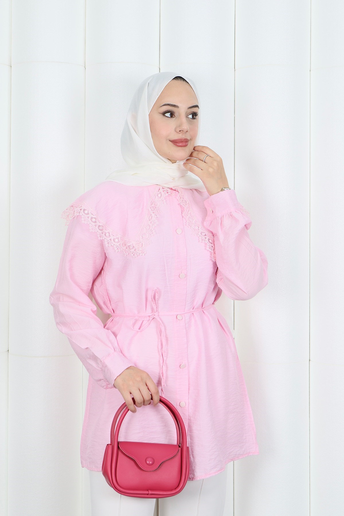 Bebe Yaka Dantel Detaylı Bağcıklı Tunik HNT2133 Pembe