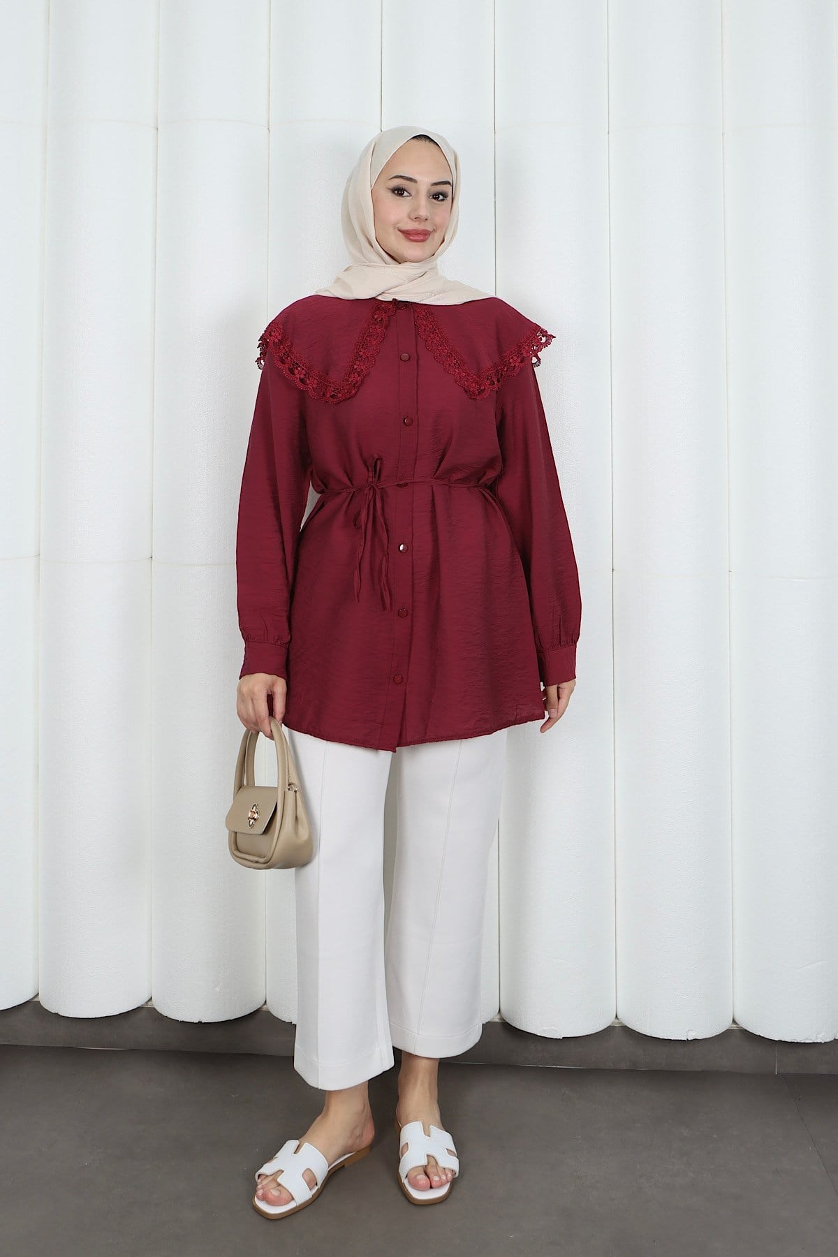 Bebe Yaka Dantel Detaylı Bağcıklı Tunik HNT2133 Bordo
