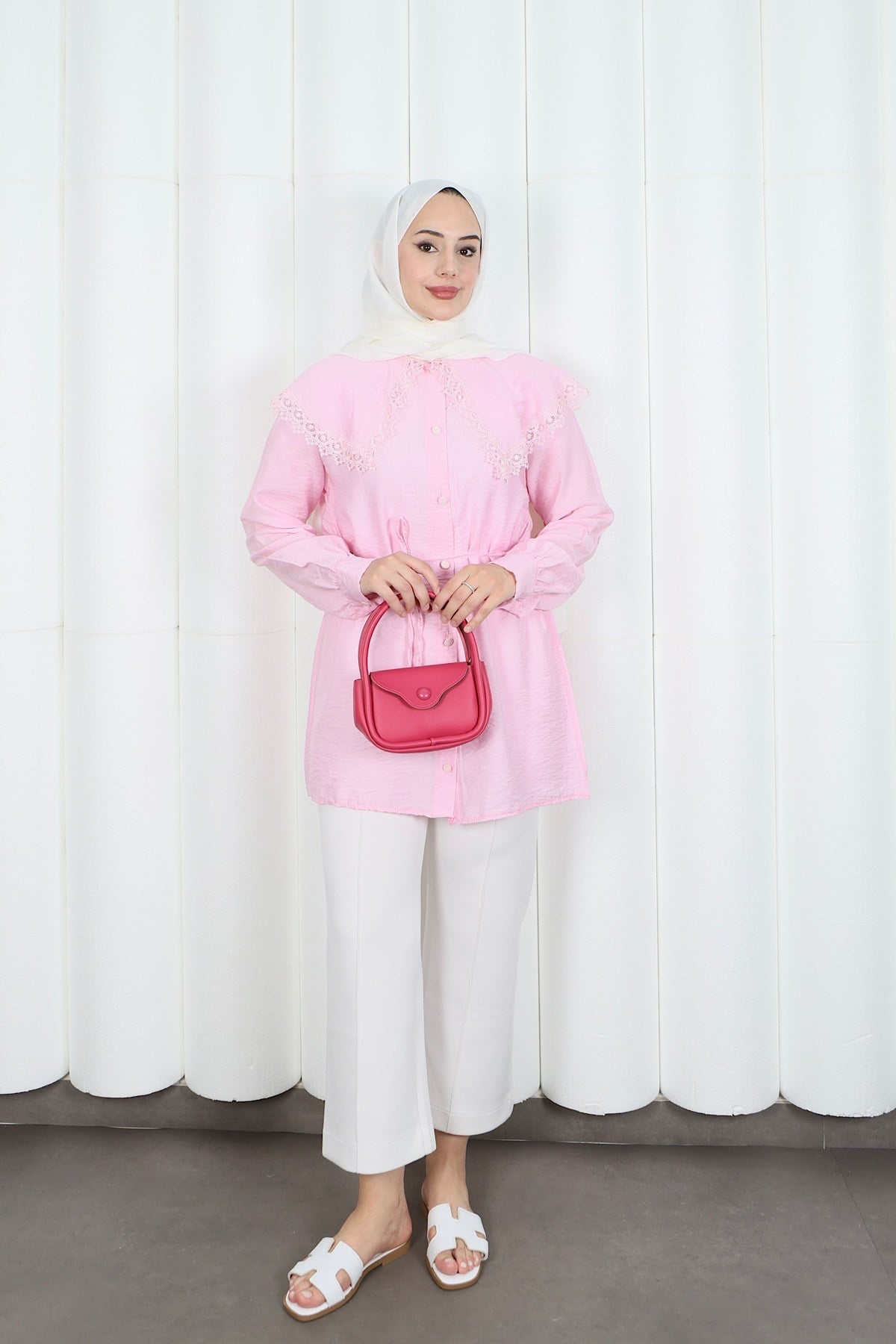 Bebe Yaka Dantel Detaylı Bağcıklı Tunik HNT2133 Pembe