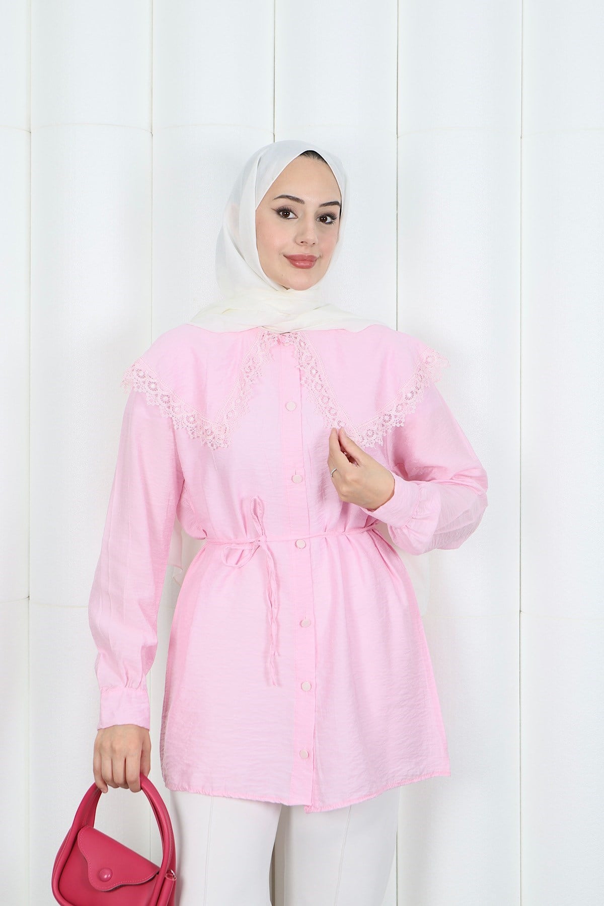 Bebe Yaka Dantel Detaylı Bağcıklı Tunik HNT2133 Pembe