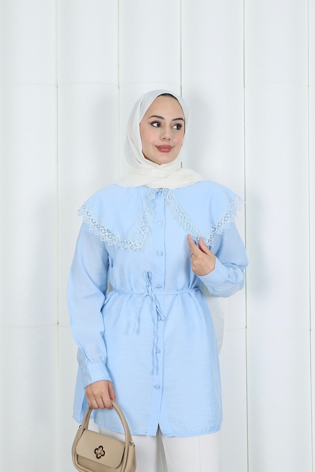Bebe Yaka Dantel Detaylı Bağcıklı Tunik HNT2133 Bebe Mavisi