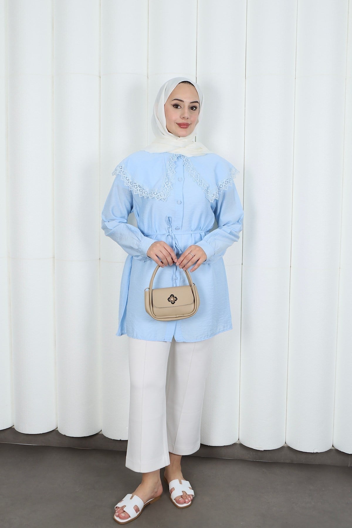 Bebe Yaka Dantel Detaylı Bağcıklı Tunik HNT2133 Bebe Mavisi