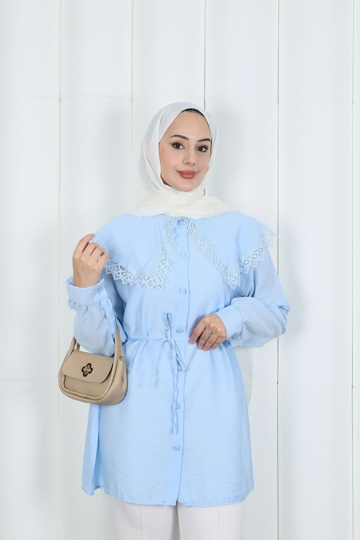 Bebe Yaka Dantel Detaylı Bağcıklı Tunik HNT2133 Bebe Mavisi
