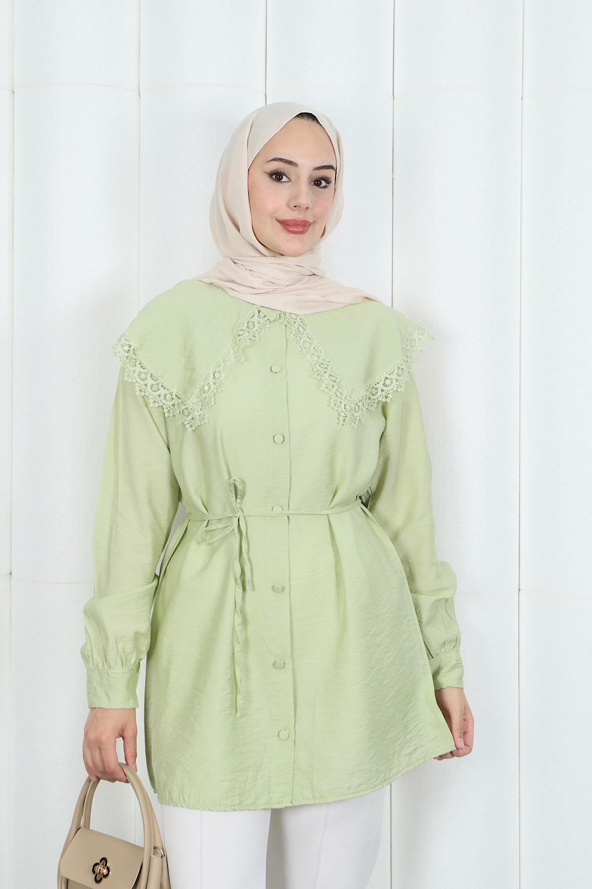Bebe Yaka Dantel Detaylı Bağcıklı Tunik HNT2133 Yağ Yeşili