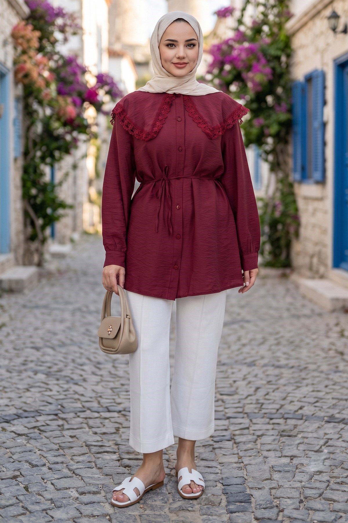 Bebe Yaka Dantel Detaylı Bağcıklı Tunik HNT2133 Bordo