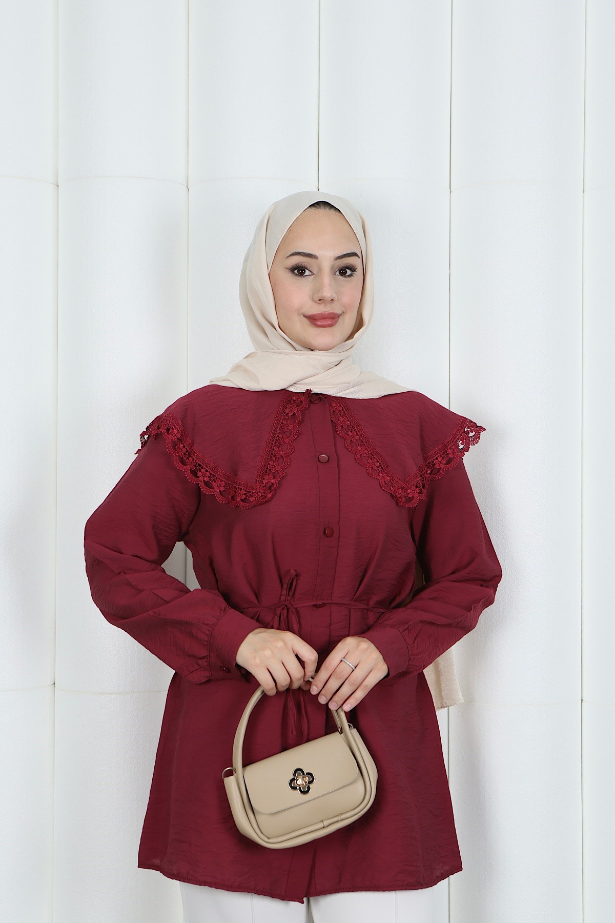 Bebe Yaka Dantel Detaylı Bağcıklı Tunik HNT2133 Bordo