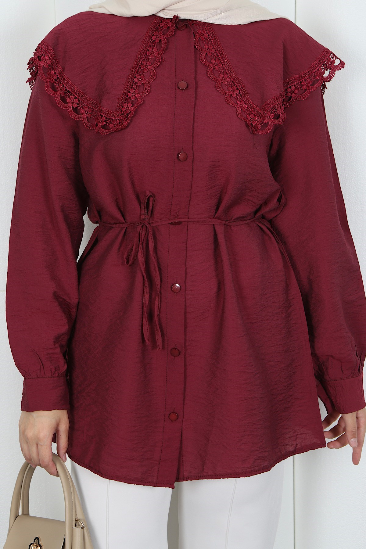 Bebe Yaka Dantel Detaylı Bağcıklı Tunik HNT2133 Bordo