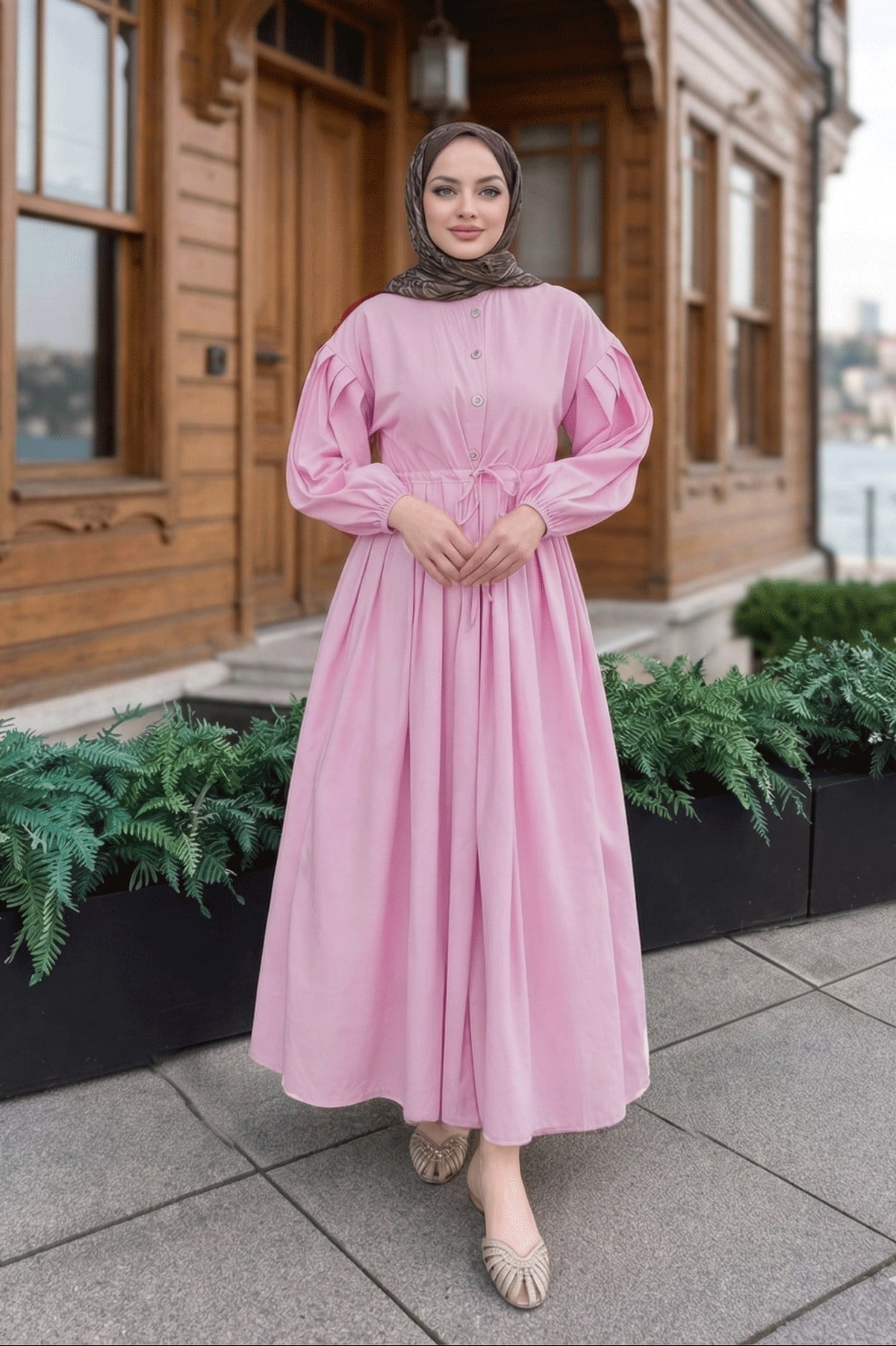 Belden Piliseli Bağcıklı Düğme Detaylı Elbise Pembe   HNT0310