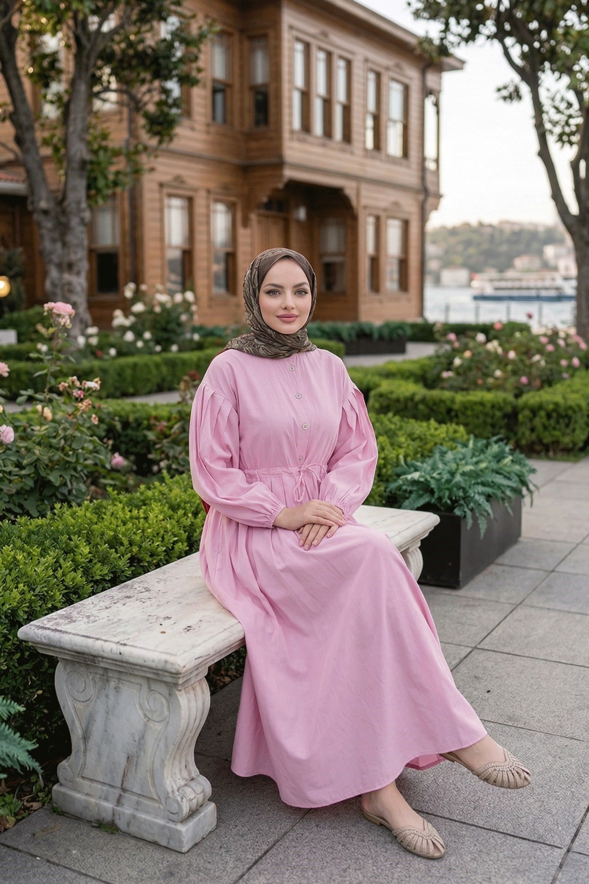 Belden Piliseli Bağcıklı Düğme Detaylı Elbise Pembe   HNT0310
