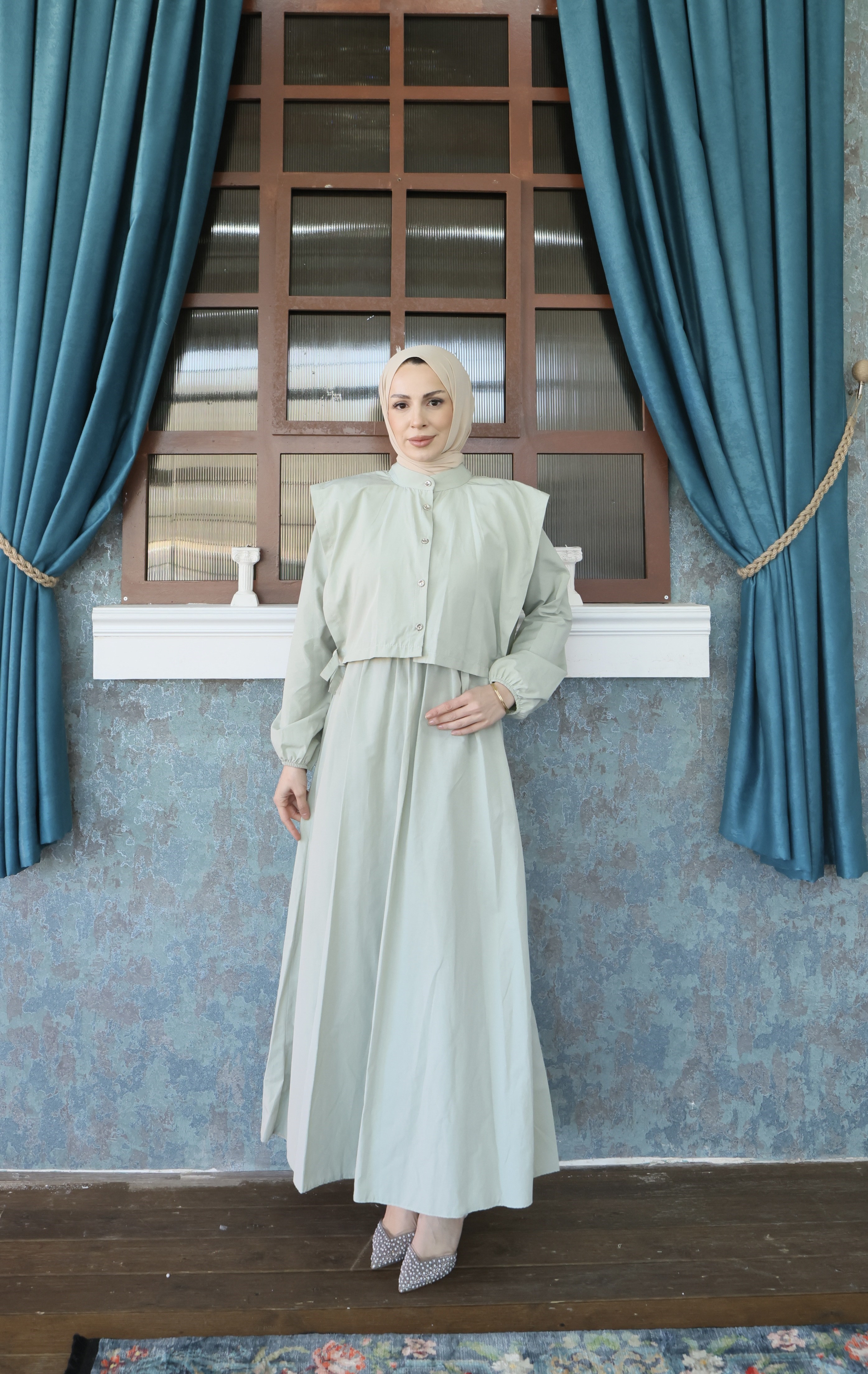 Bolerolu Beli Lastikli Tesettür Elbise Mint   HNT011