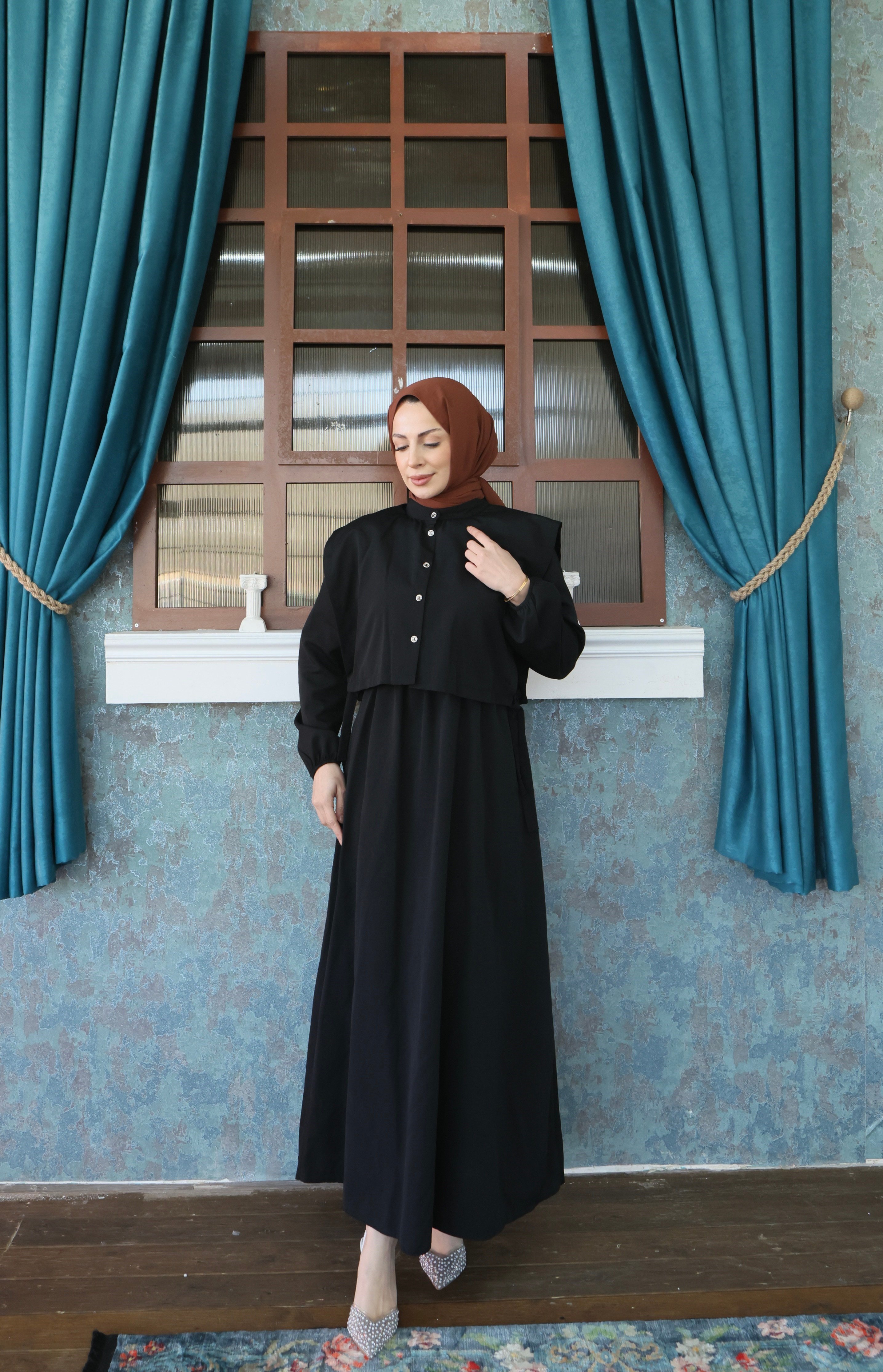Bolerolu Beli Lastikli Tesettür Elbise Siyah HNT011
