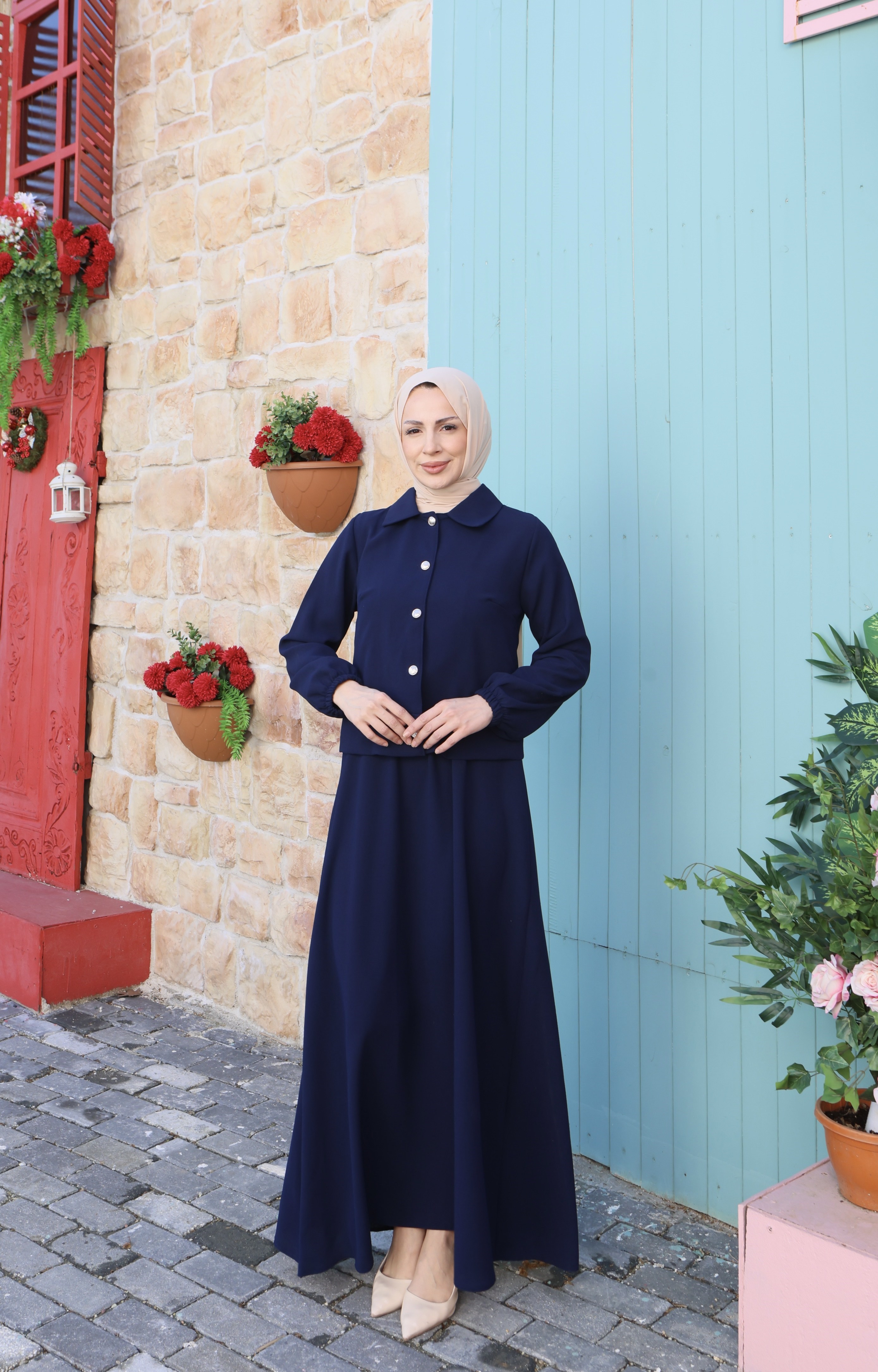Ceketi Düğmeli Jile Elbise Lacivert  HNT8590