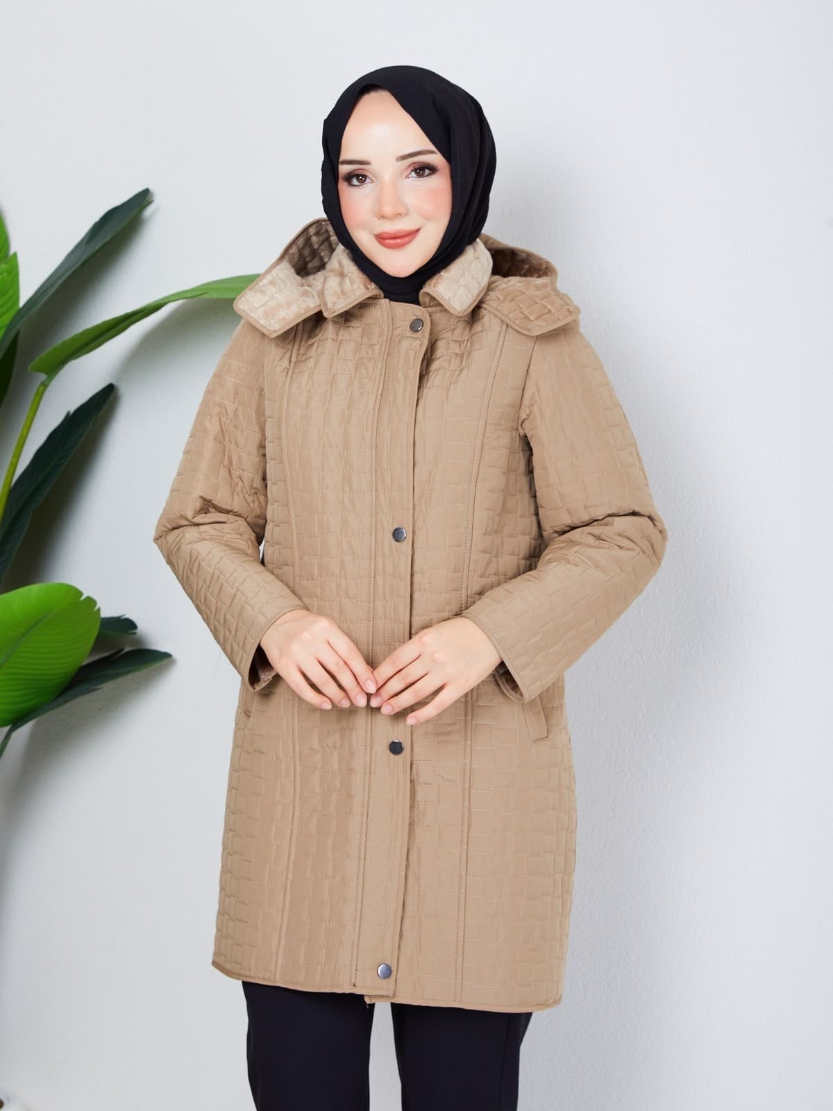 Çıkarılabilir Kapüşonlu 90  CM Kapitone Mont Vizon  HNT2806