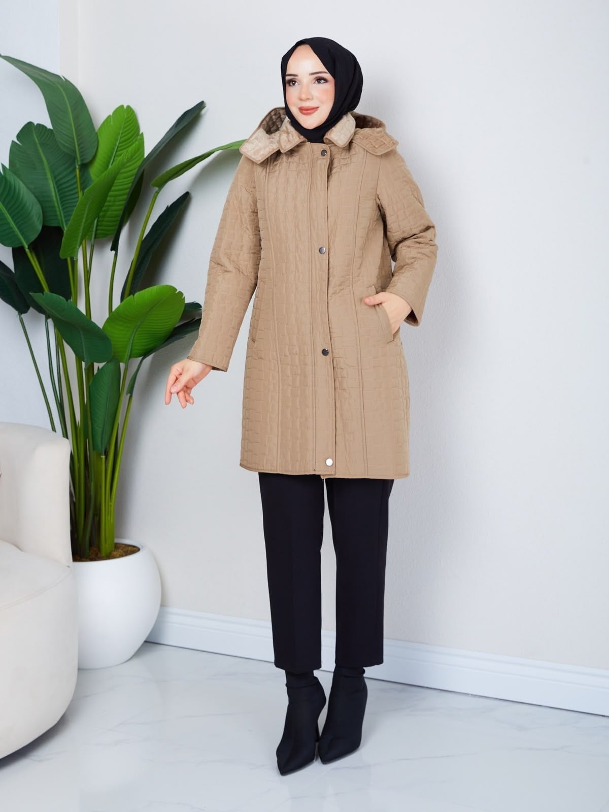 Çıkarılabilir Kapüşonlu 90  CM Kapitone Mont Vizon  HNT2806