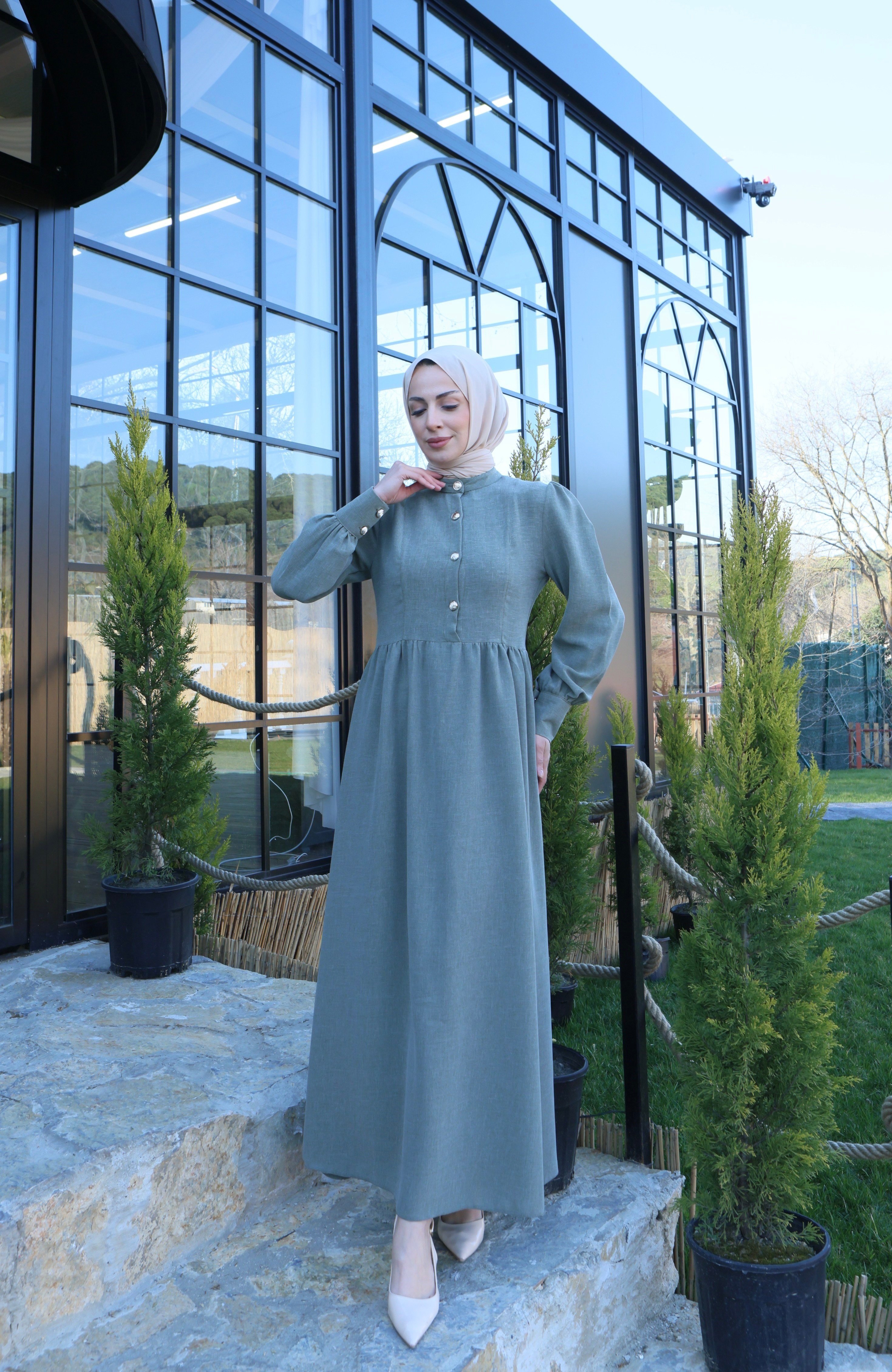 Düğme Detaylı Pileli Tesettür Elbise  Haki  HNT8528