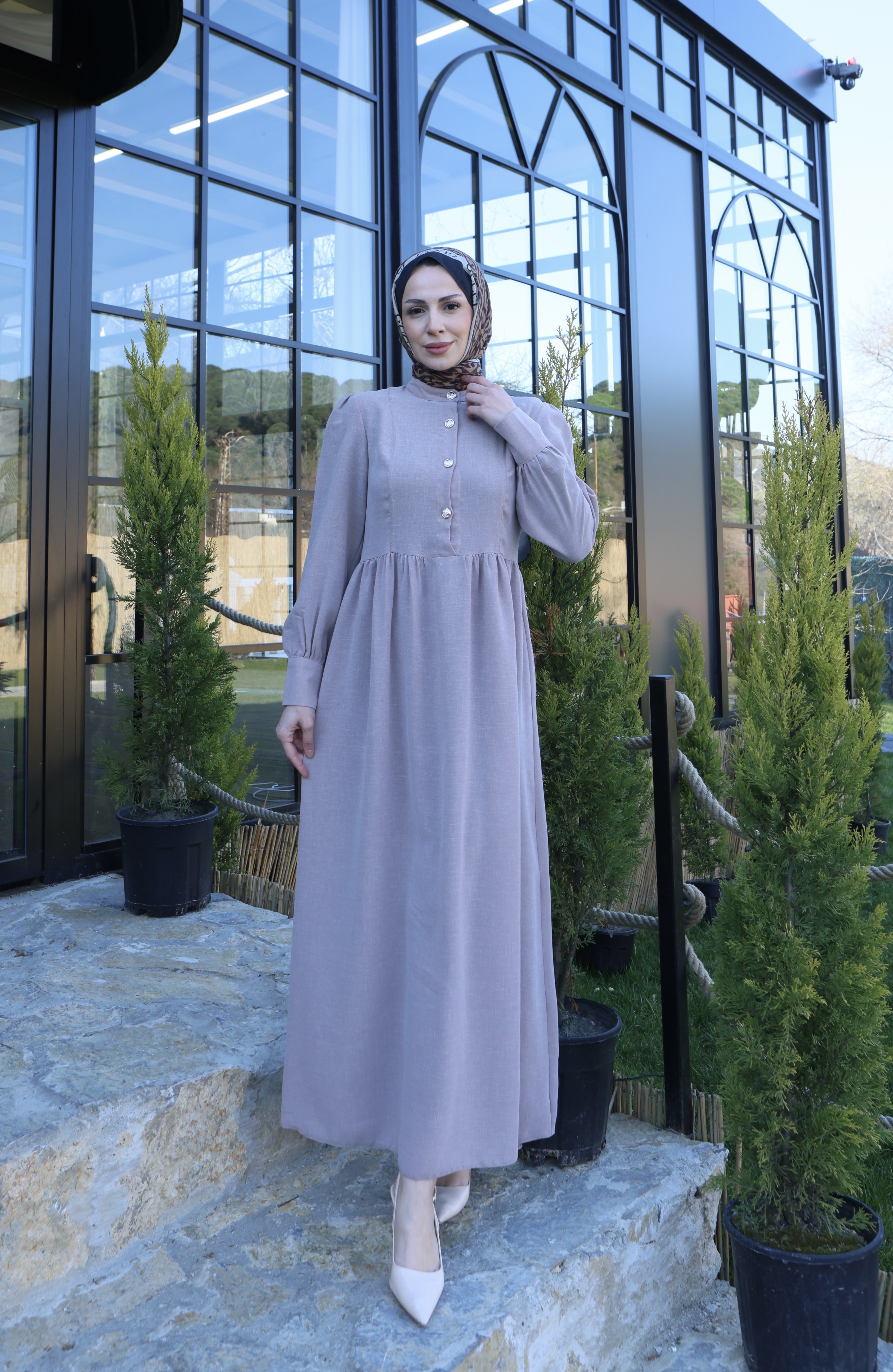 Düğme Detaylı Pileli Tesettür Elbise Vizon  HNT8528