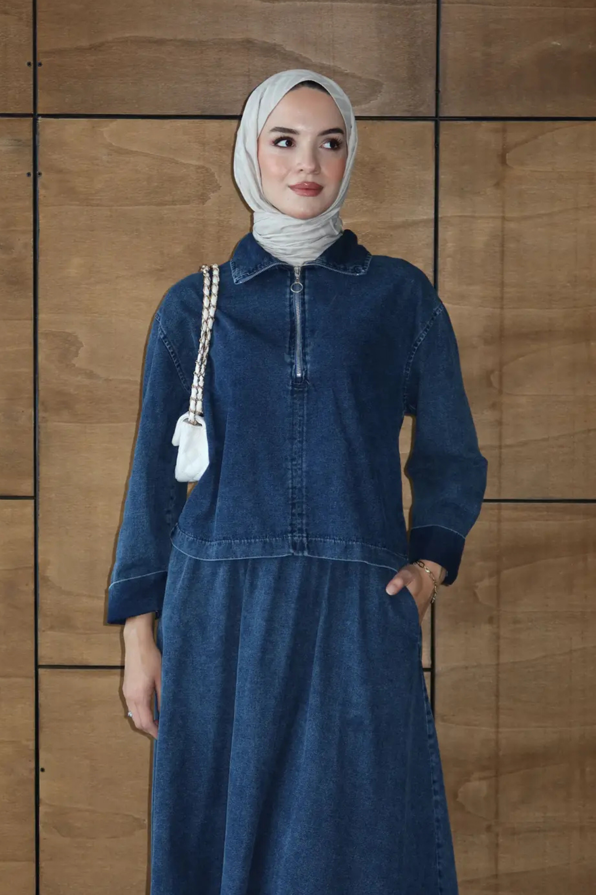Etekli İkili Takım | Kot Denim Fermuarlı Üst & Uzun Etek
