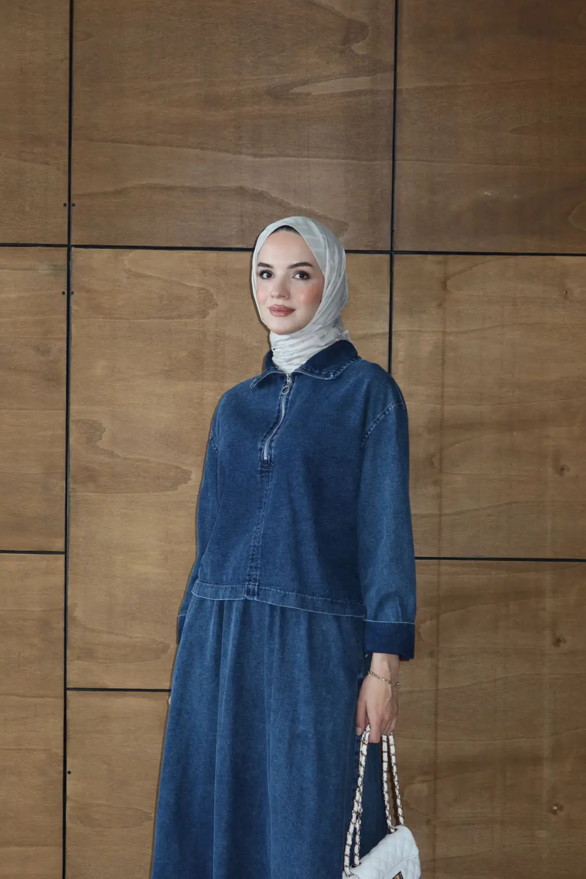 Etekli İkili Takım | Kot Denim Fermuarlı Üst & Uzun Etek