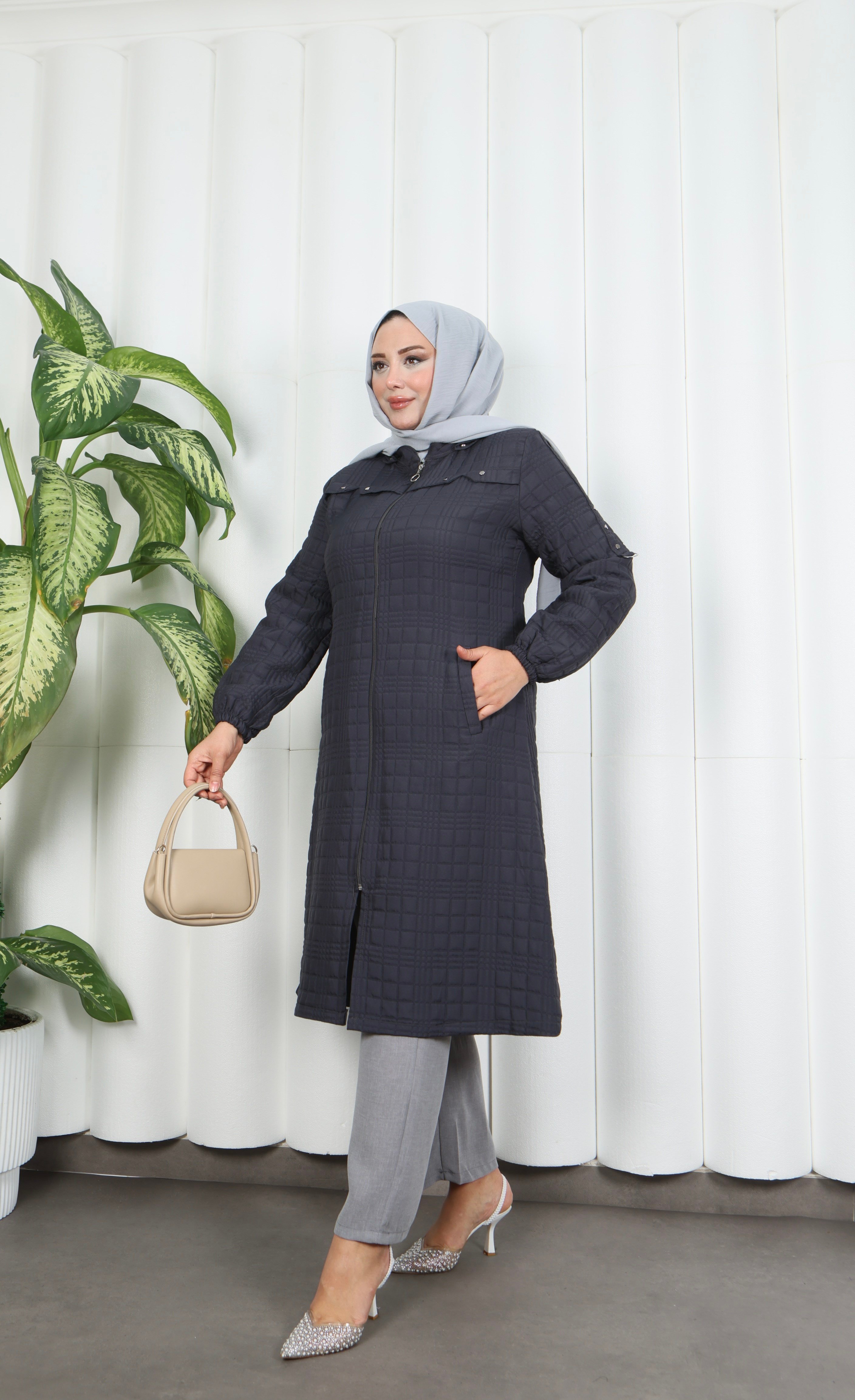 Fermuarlı Kapitone  Uzun Kap KOYU GRİ HNT8581