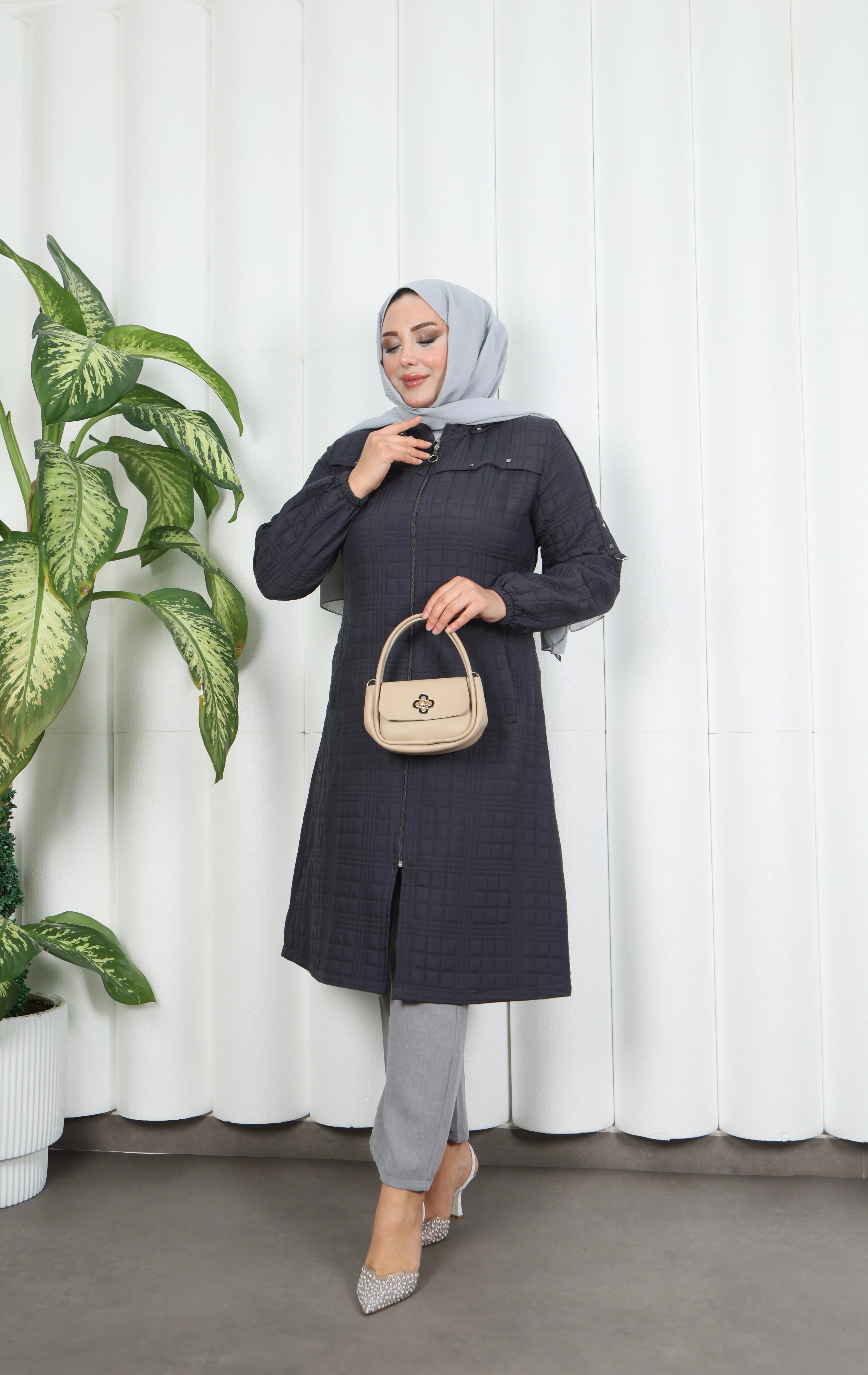 Fermuarlı Kapitone  Uzun Kap KOYU GRİ HNT8581