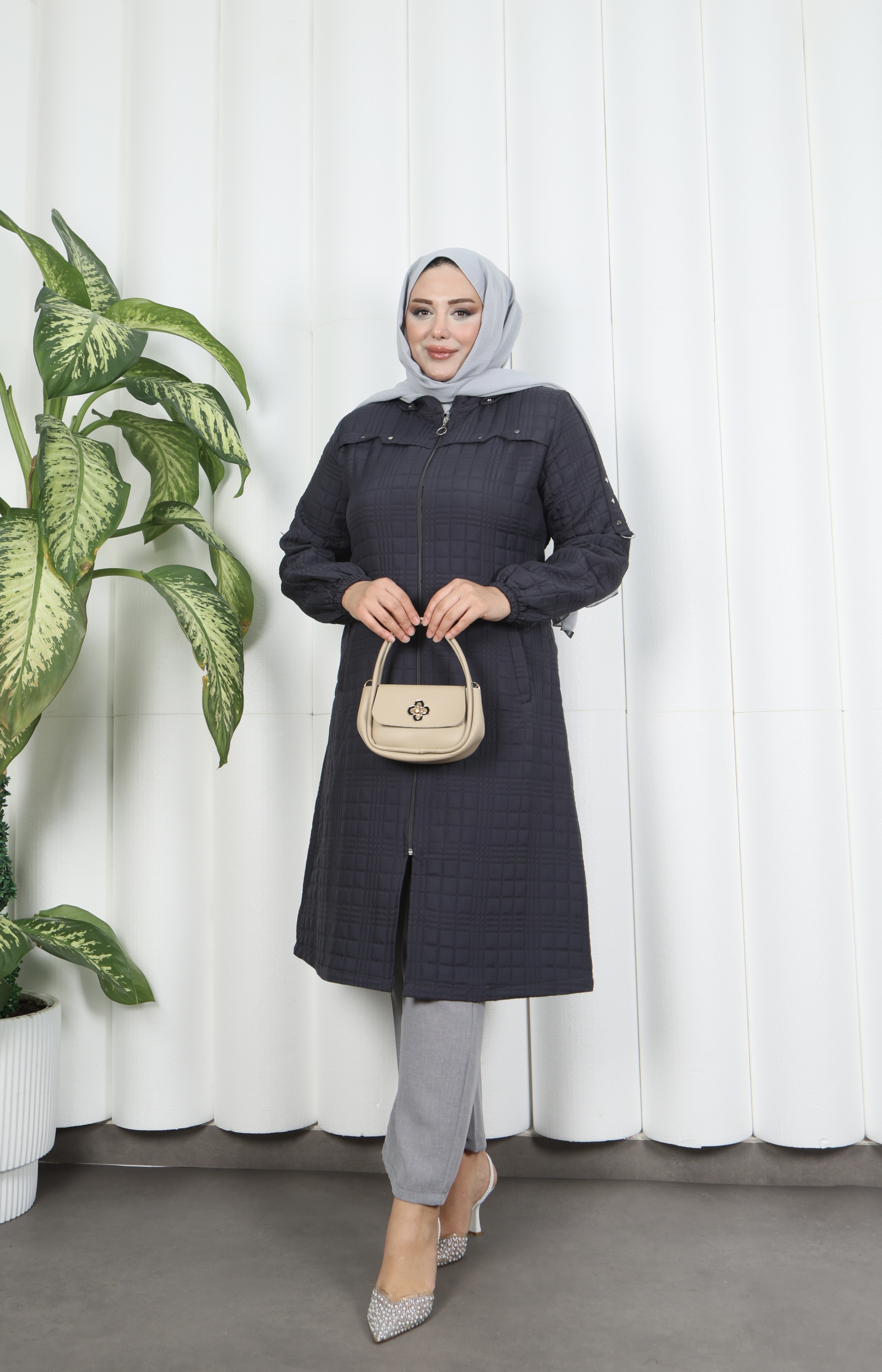 Fermuarlı Kapitone  Uzun Kap KOYU GRİ HNT8581