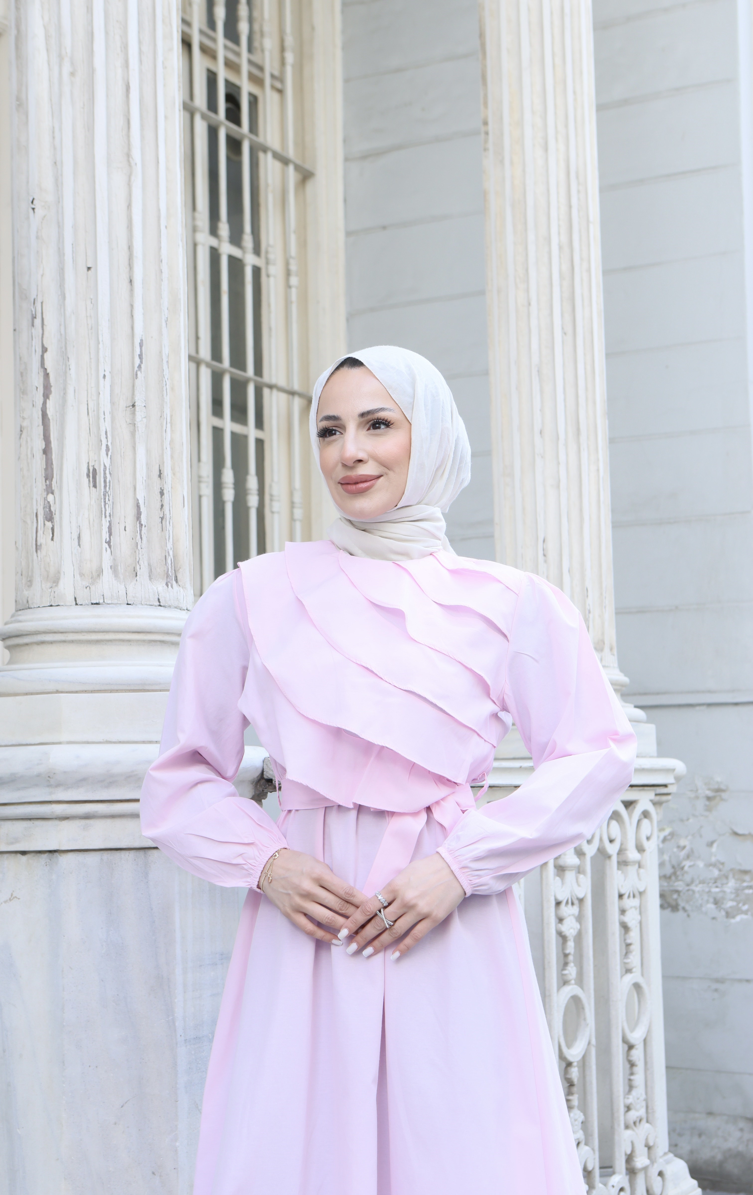 Fırfır Detaylı Kuşaklı Terikoton Elbise Pembe    HNT0313