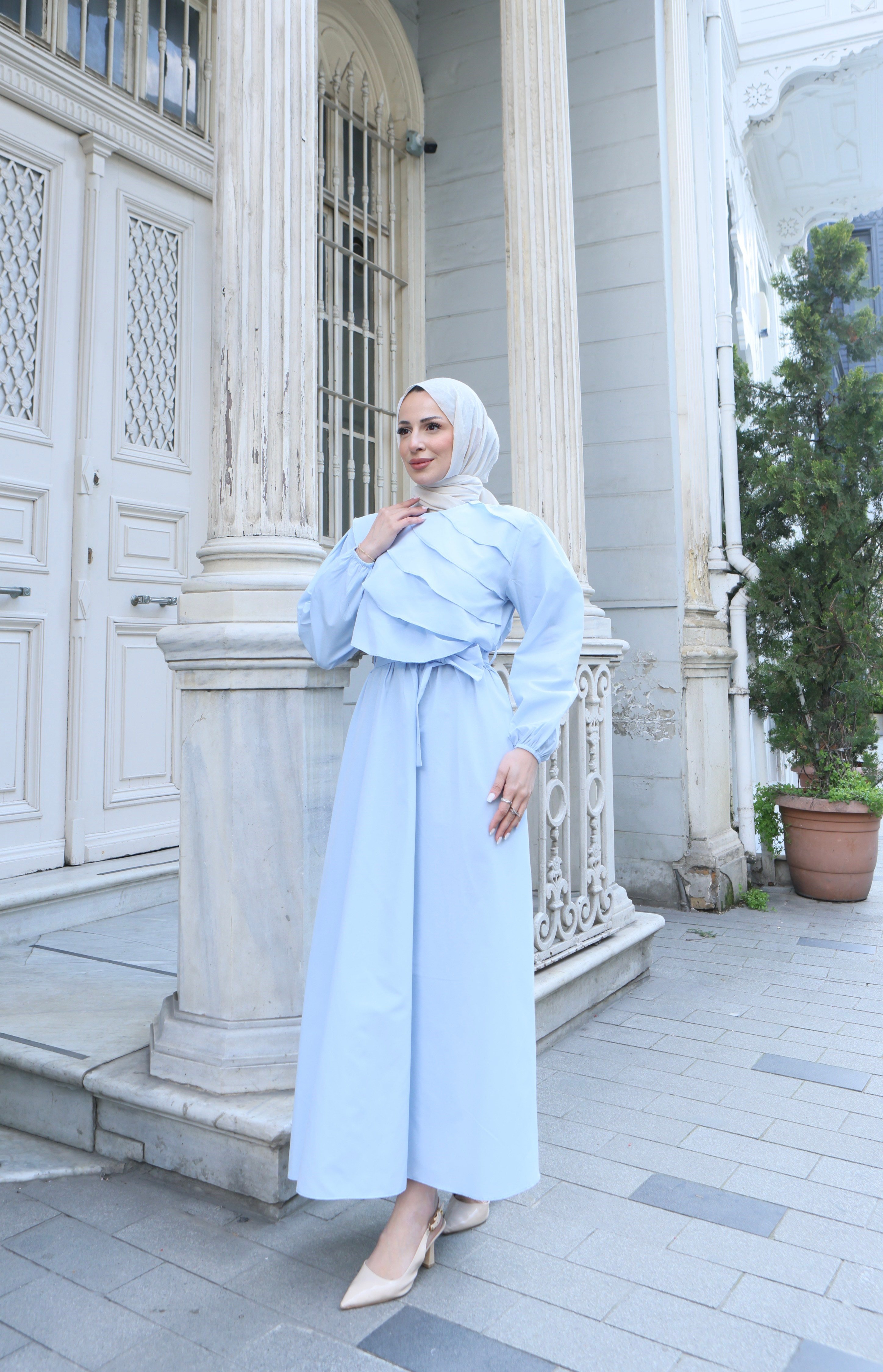 Fırfır Detaylı Kuşaklı Terikoton Elbise Bebe Mavisi    HNT0313