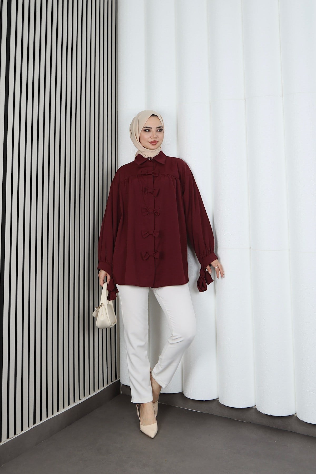 Fiyonk Detaylı Büzgülü Balon Kol Tunik Bordo   HNT2128